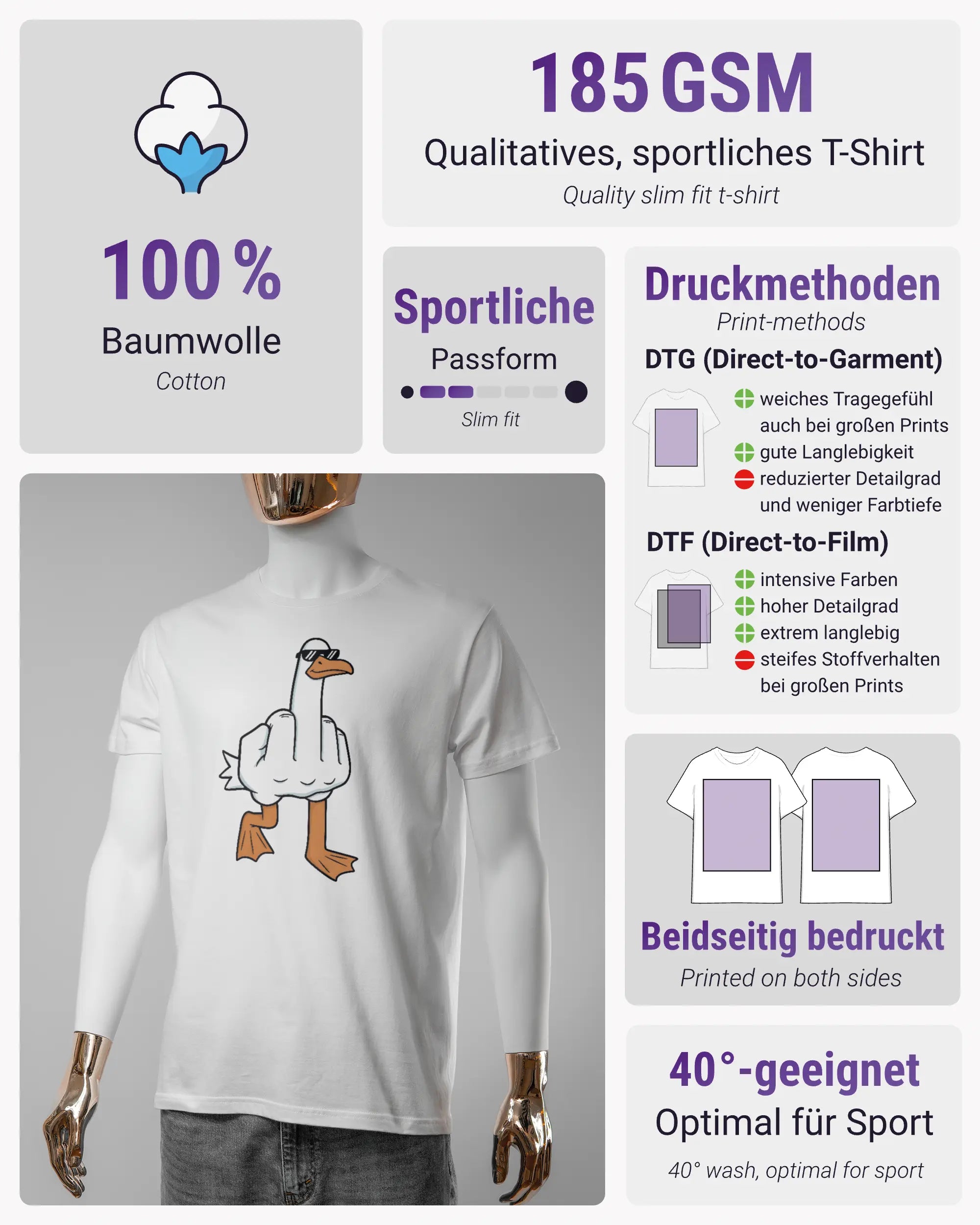 Produktinformationsblatt des Basic Unisex T-Shirt Soft von Maondo mit dem Design I give a duck vorne in der Farbe White und in der Größe S