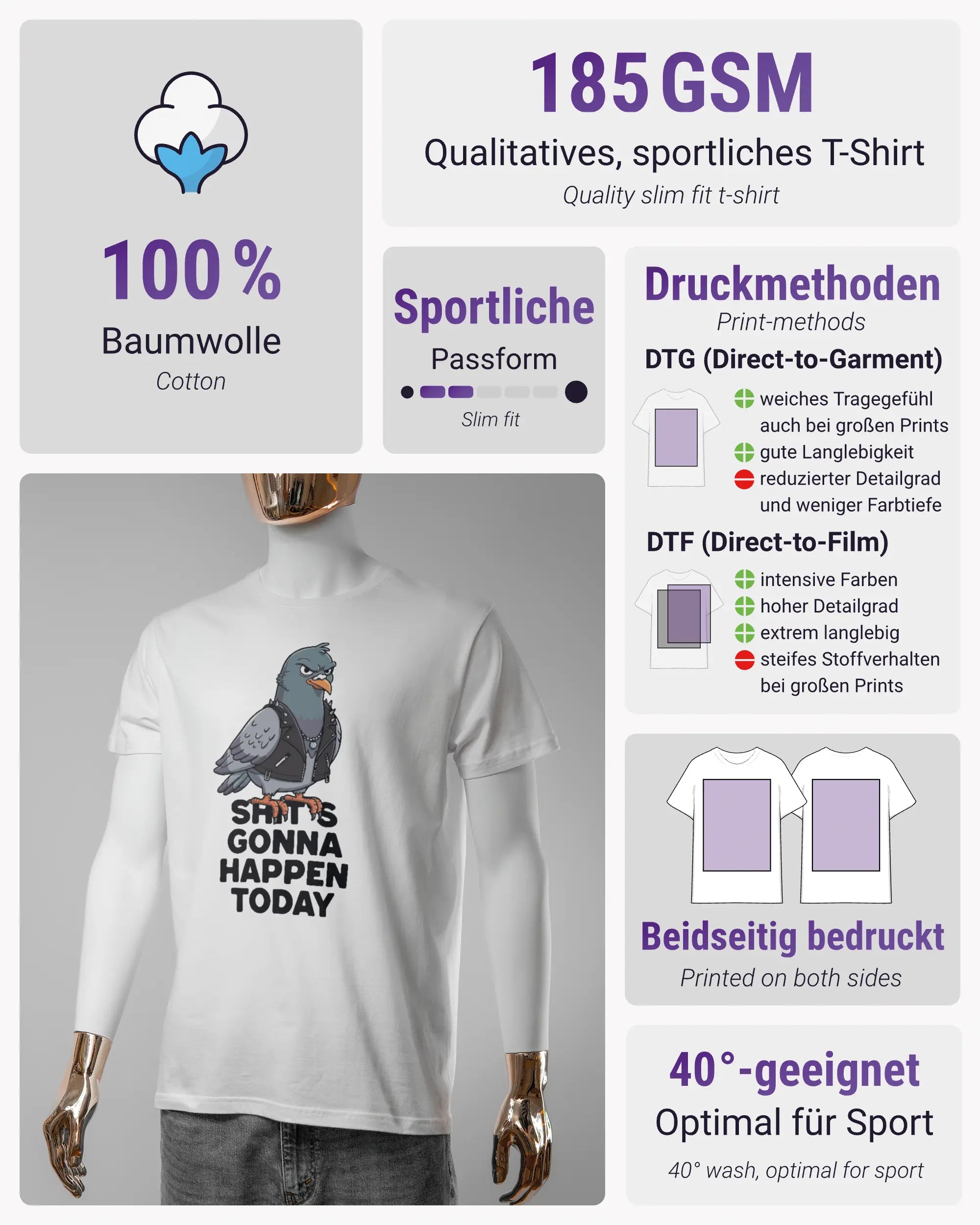 Produktinformationsblatt des Basic Unisex T-Shirt Soft von Maondo mit dem Design Pigeon Pun vorne in der Farbe White und in der Größe S