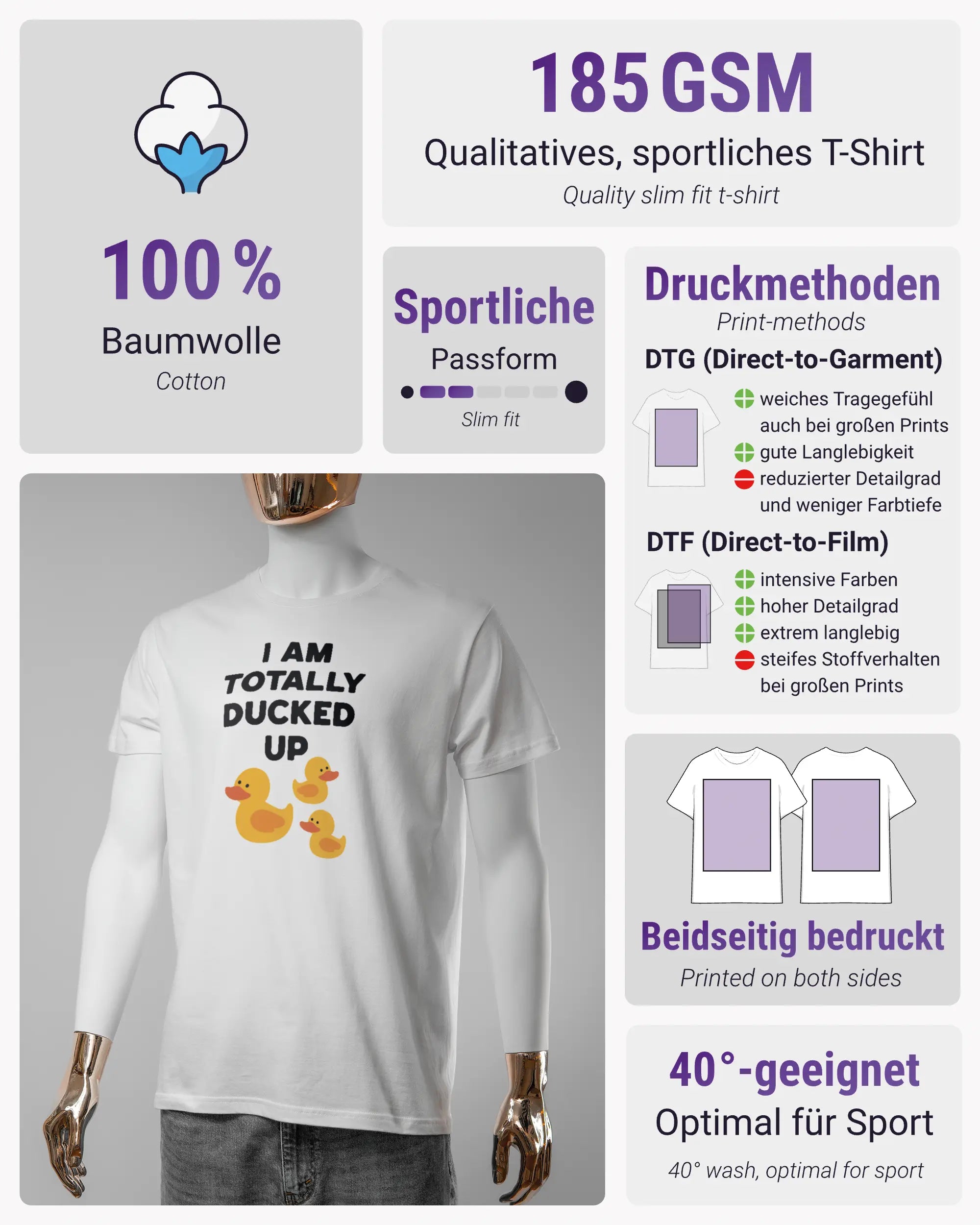Produktinformationsblatt des Basic Unisex T-Shirt Soft von Maondo mit dem Design Ducked Up vorne in der Farbe White und in der Größe S