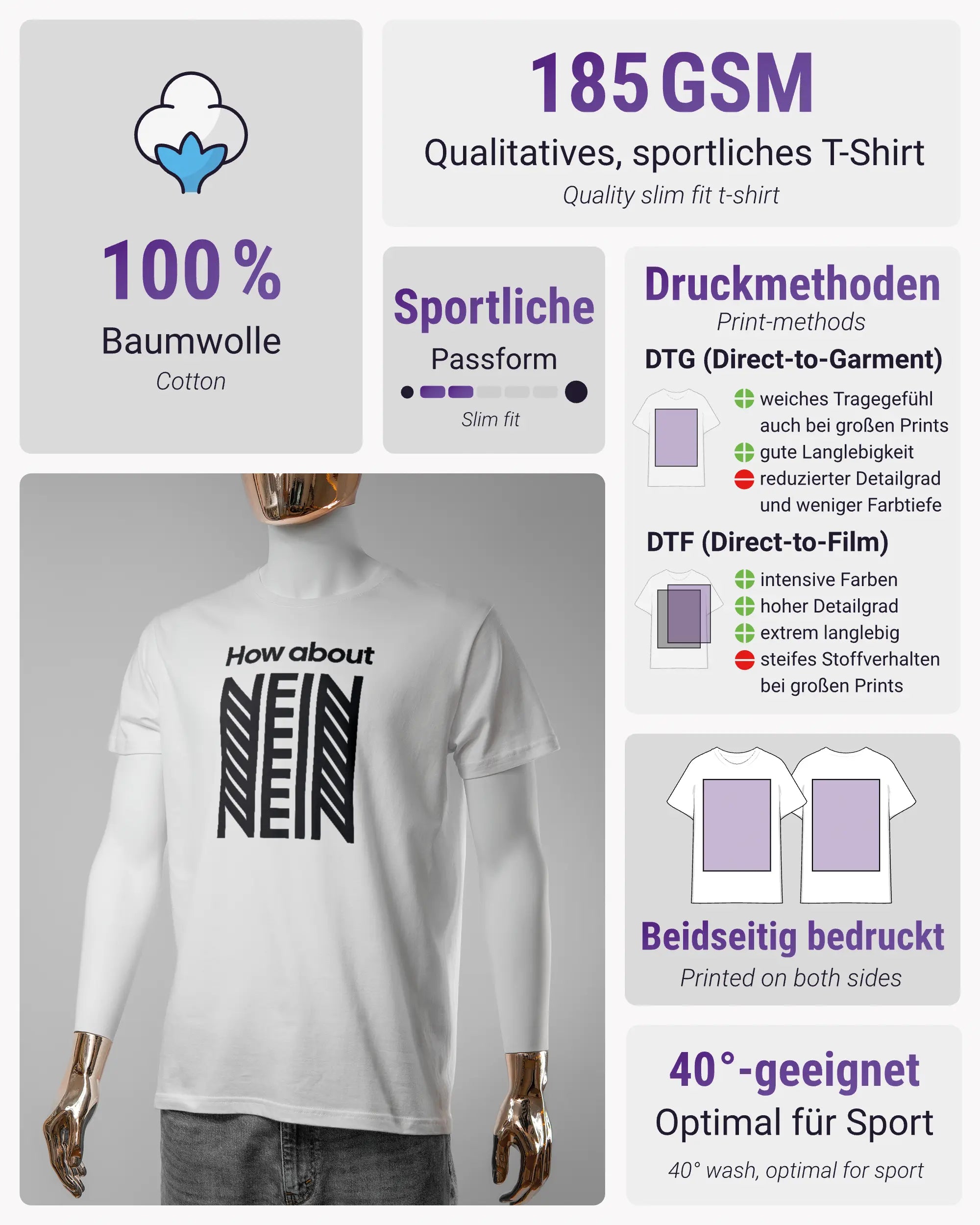 Produktinformationsblatt des Basic Unisex T-Shirt Soft von Maondo mit dem Design How about nein vorne in der Farbe White und in der Größe S