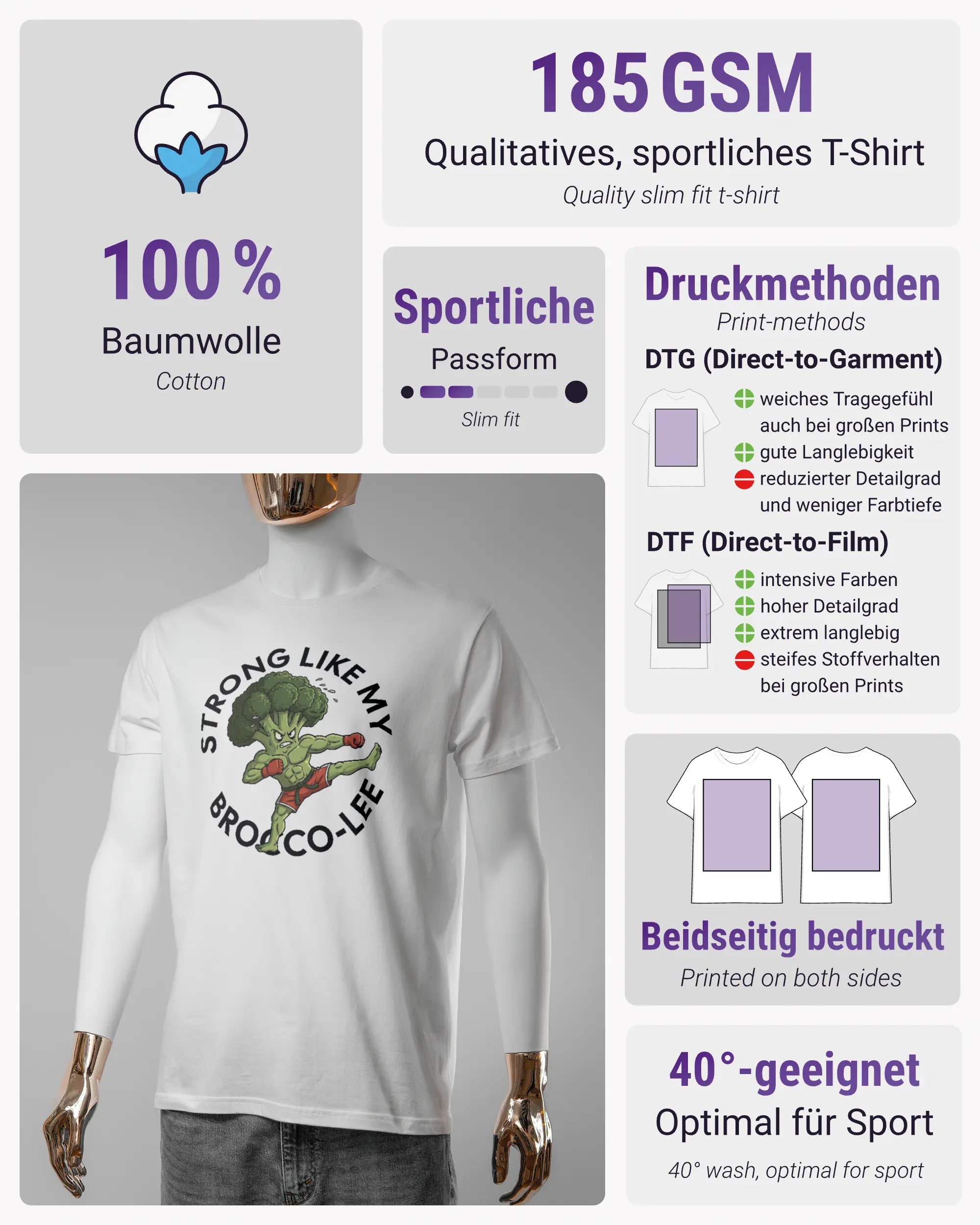 Produktinformationsblatt des Basic Unisex T-Shirt Soft von Maondo mit dem Design Brocco-Lee vorne in der Farbe White und in der Größe S