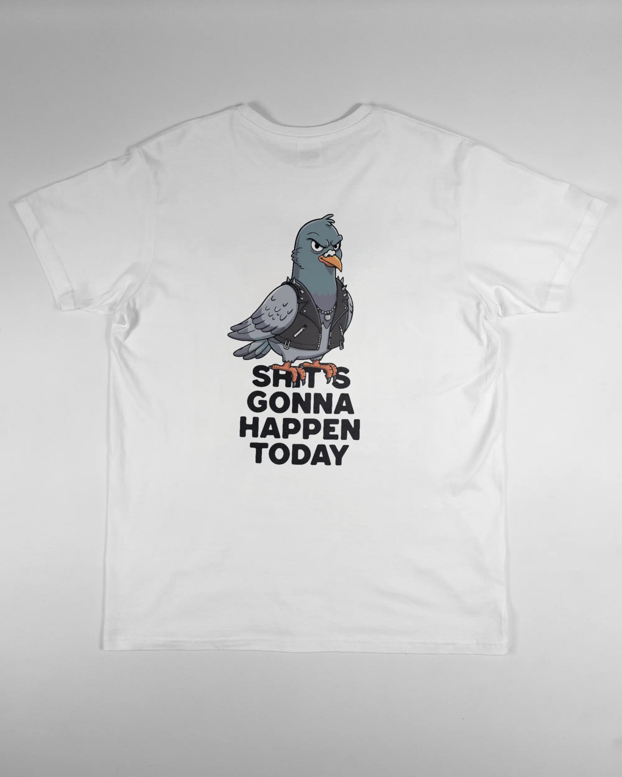 Rückseite des Basic Unisex T-Shirt Soft von Maondo mit dem Design Pigeon Pun in der Farbe White und in der Größe L flach auf den Boden gelegt