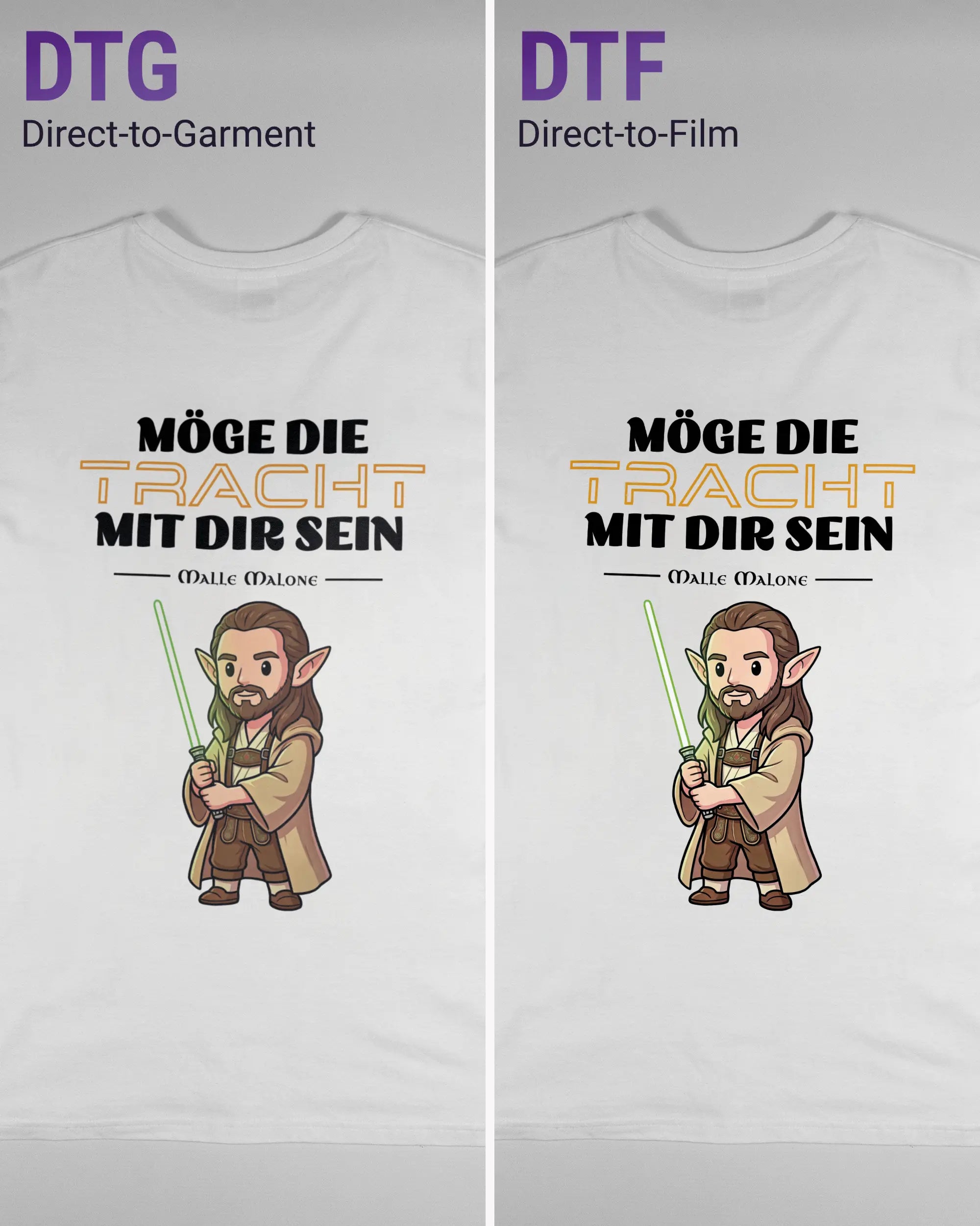 Vergleich der Rückseiten des Basic Unisex T-Shirt Soft von Maondo mit dem Design Tracht mit dir in der Farbe White und in der Größe L links mit dem Direct-to-Garment und rechts mit dem Direct-to-Film Verfahren