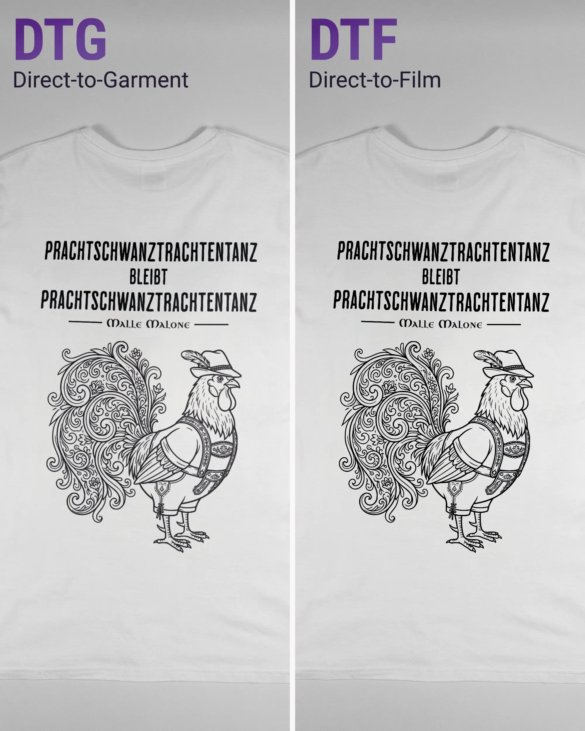 Vergleich der Rückseiten des Basic Unisex T-Shirt Soft von Maondo mit dem Design Trachtentanz in der Farbe White und in der Größe L links mit dem Direct-to-Garment und rechts mit dem Direct-to-Film Verfahren