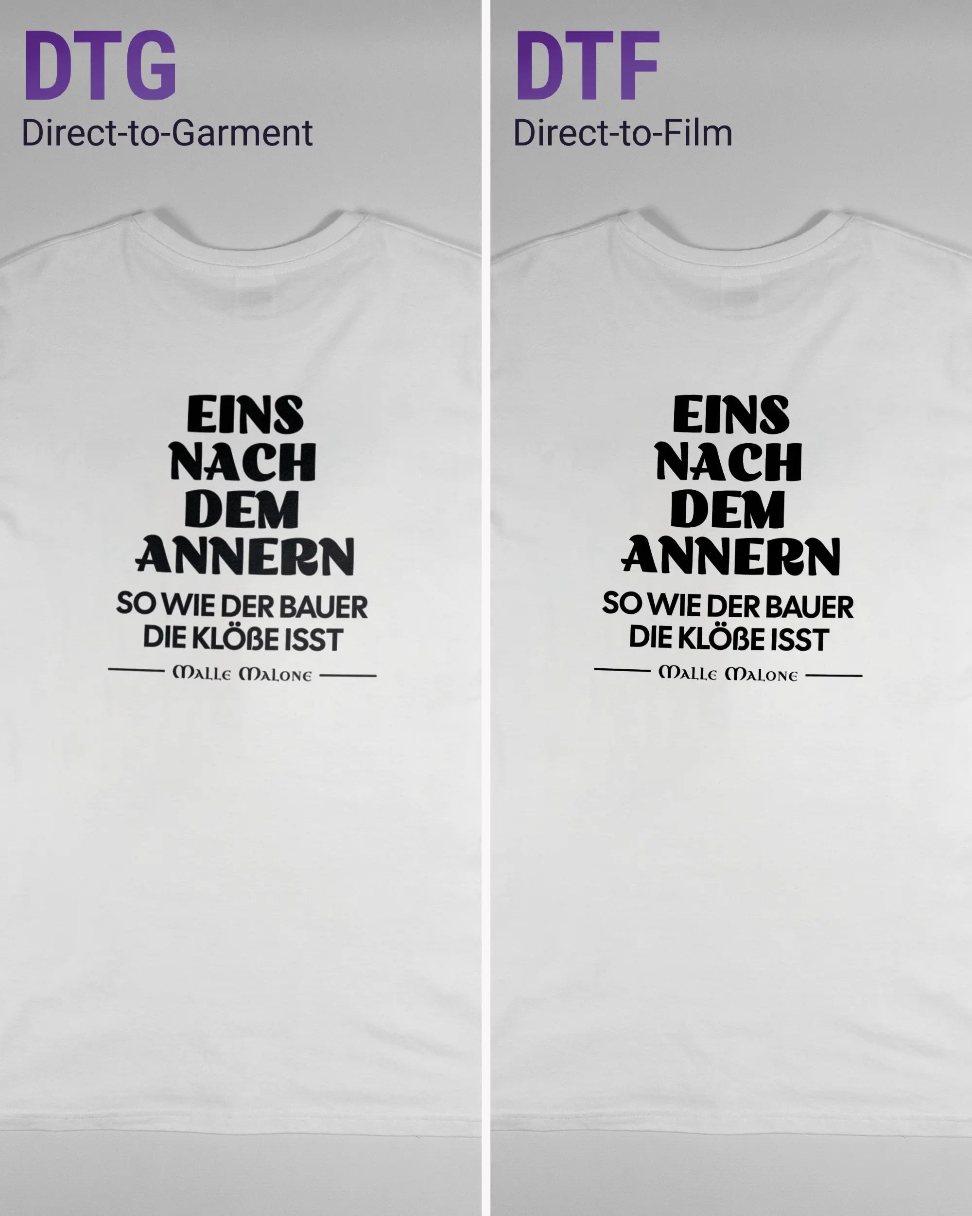 Vergleich der Rückseiten des Basic Unisex T-Shirt Soft von Maondo mit dem Design Eins nach dem Annern in der Farbe White und in der Größe L links mit dem Direct-to-Garment und rechts mit dem Direct-to-Film Verfahren
