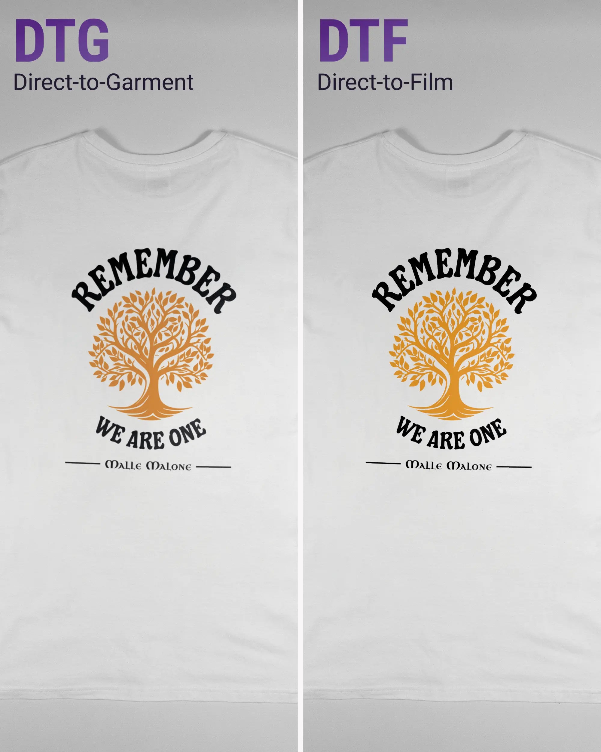 Vergleich der Rückseiten des Basic Unisex T-Shirt Soft von Maondo mit dem Design We are one in der Farbe White und in der Größe L links mit dem Direct-to-Garment und rechts mit dem Direct-to-Film Verfahren