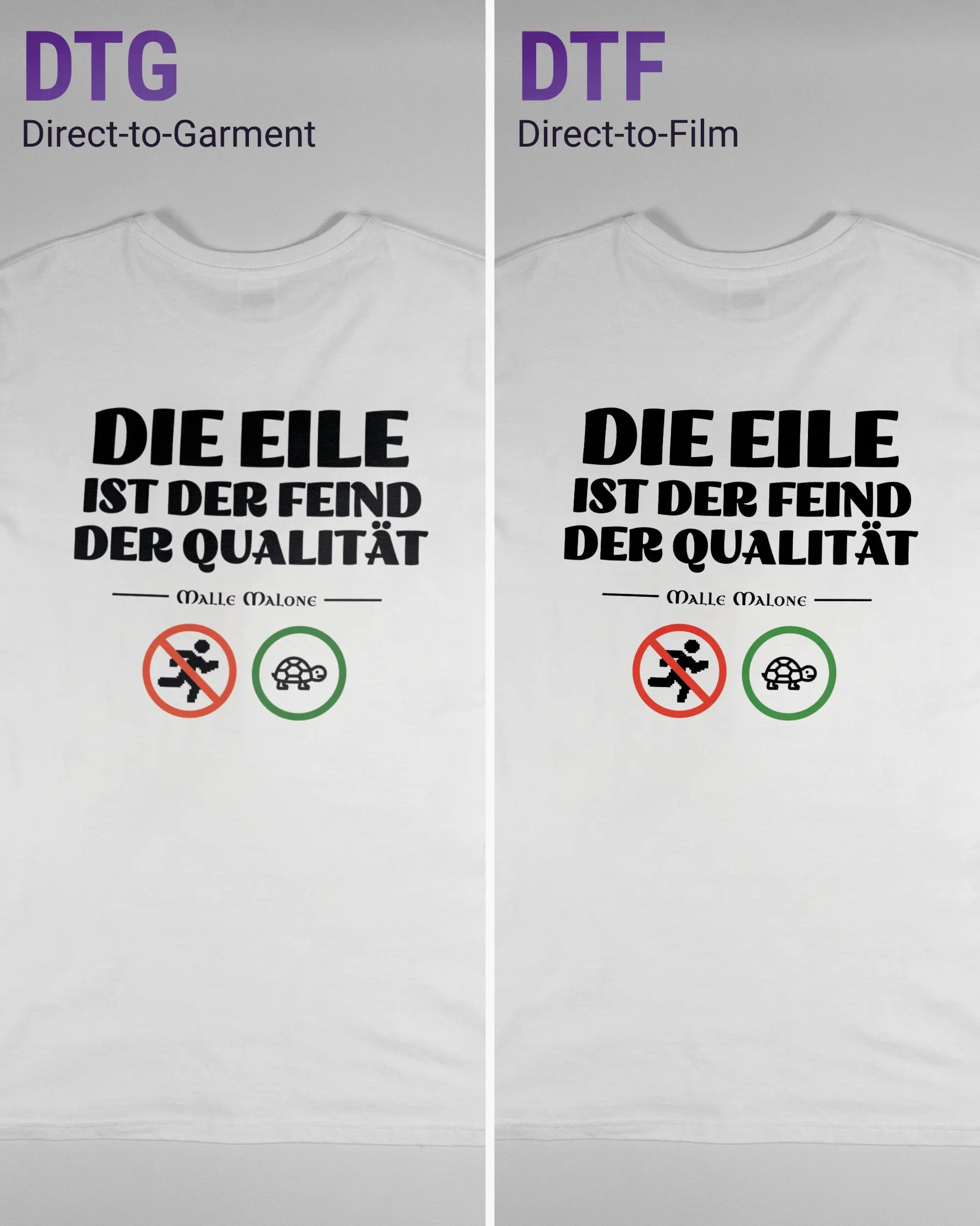 Vergleich der Rückseiten des Basic Unisex T-Shirt Soft von Maondo mit dem Design Keine Eile in der Farbe White und in der Größe L links mit dem Direct-to-Garment und rechts mit dem Direct-to-Film Verfahren