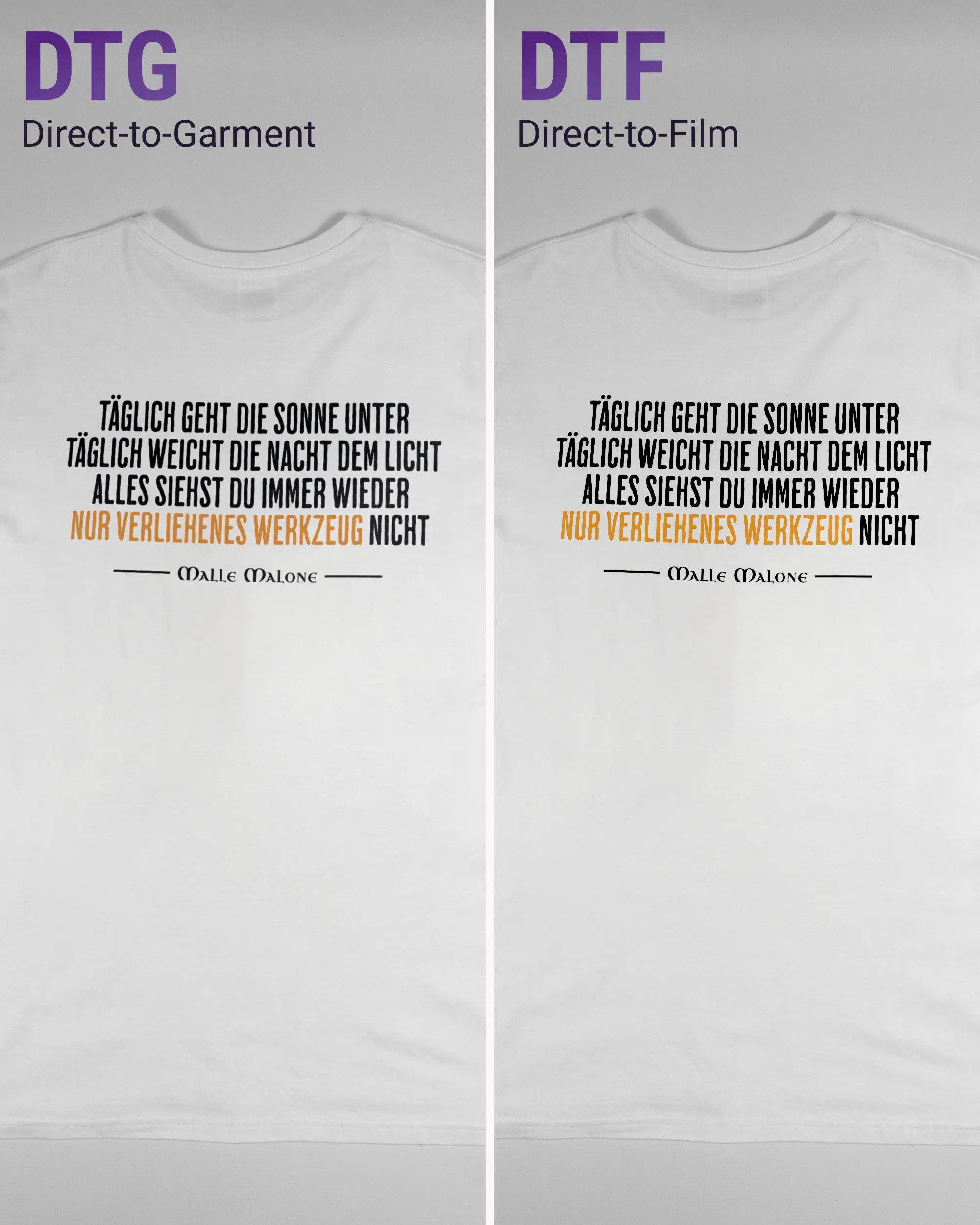 Vergleich der Rückseiten des Basic Unisex T-Shirt Soft von Maondo mit dem Design Wegzeug in der Farbe White und in der Größe L links mit dem Direct-to-Garment und rechts mit dem Direct-to-Film Verfahren