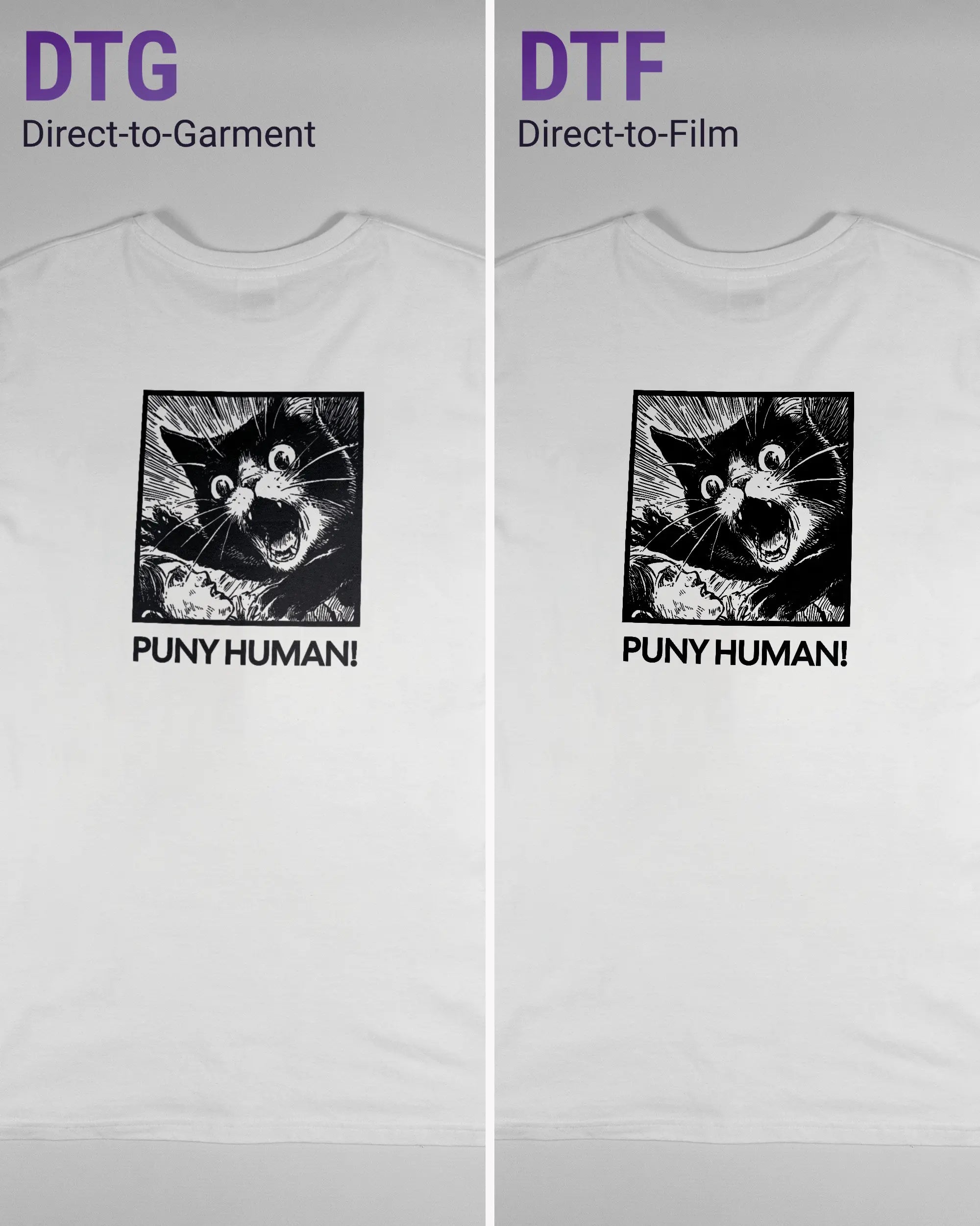 Vergleich der Rückseiten des Basic Unisex T-Shirt Soft von Maondo mit dem Design Puny Human in der Farbe White und in der Größe L links mit dem Direct-to-Garment und rechts mit dem Direct-to-Film Verfahren