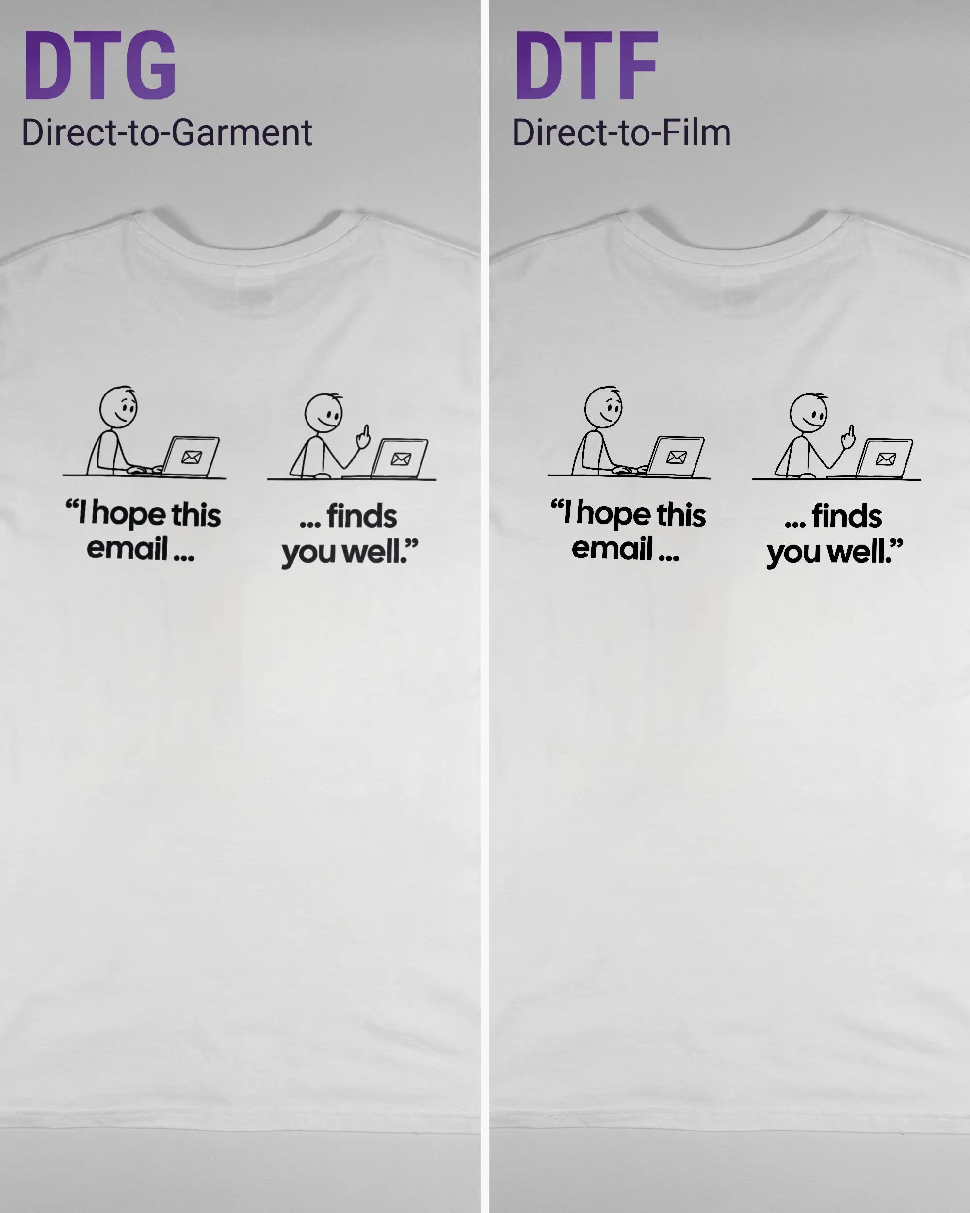 Vergleich der Rückseiten des Basic Unisex T-Shirt Soft von Maondo mit dem Design Found me not well in der Farbe White und in der Größe L links mit dem Direct-to-Garment und rechts mit dem Direct-to-Film Verfahren