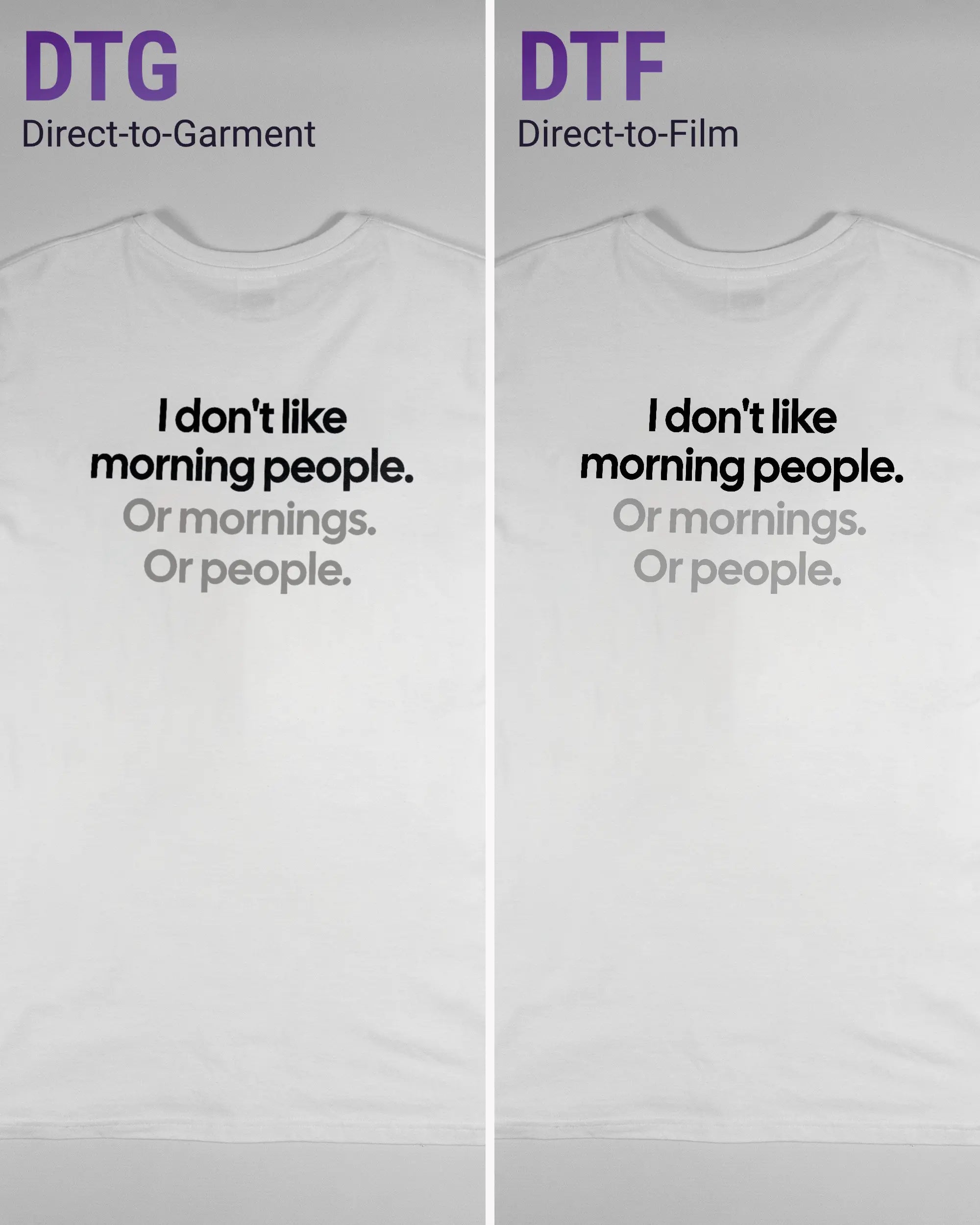 Vergleich der Rückseiten des Basic Unisex T-Shirt Soft von Maondo mit dem Design Morning Person in der Farbe White und in der Größe L links mit dem Direct-to-Garment und rechts mit dem Direct-to-Film Verfahren