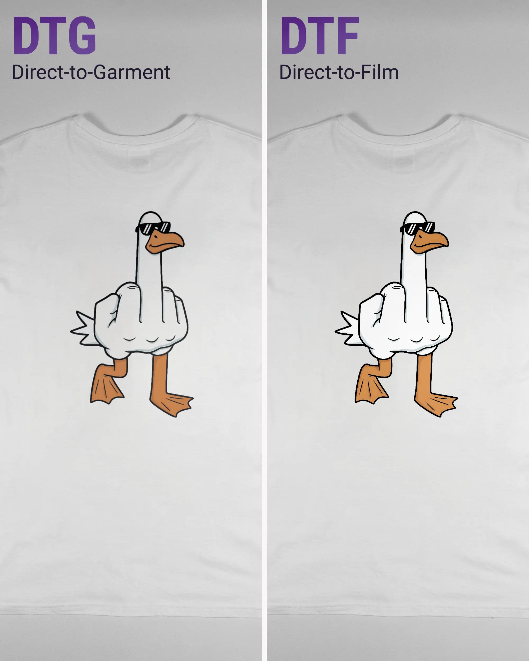 Vergleich der Rückseiten des Basic Unisex T-Shirt Soft von Maondo mit dem Design I give a duck in der Farbe White und in der Größe L links mit dem Direct-to-Garment und rechts mit dem Direct-to-Film Verfahren