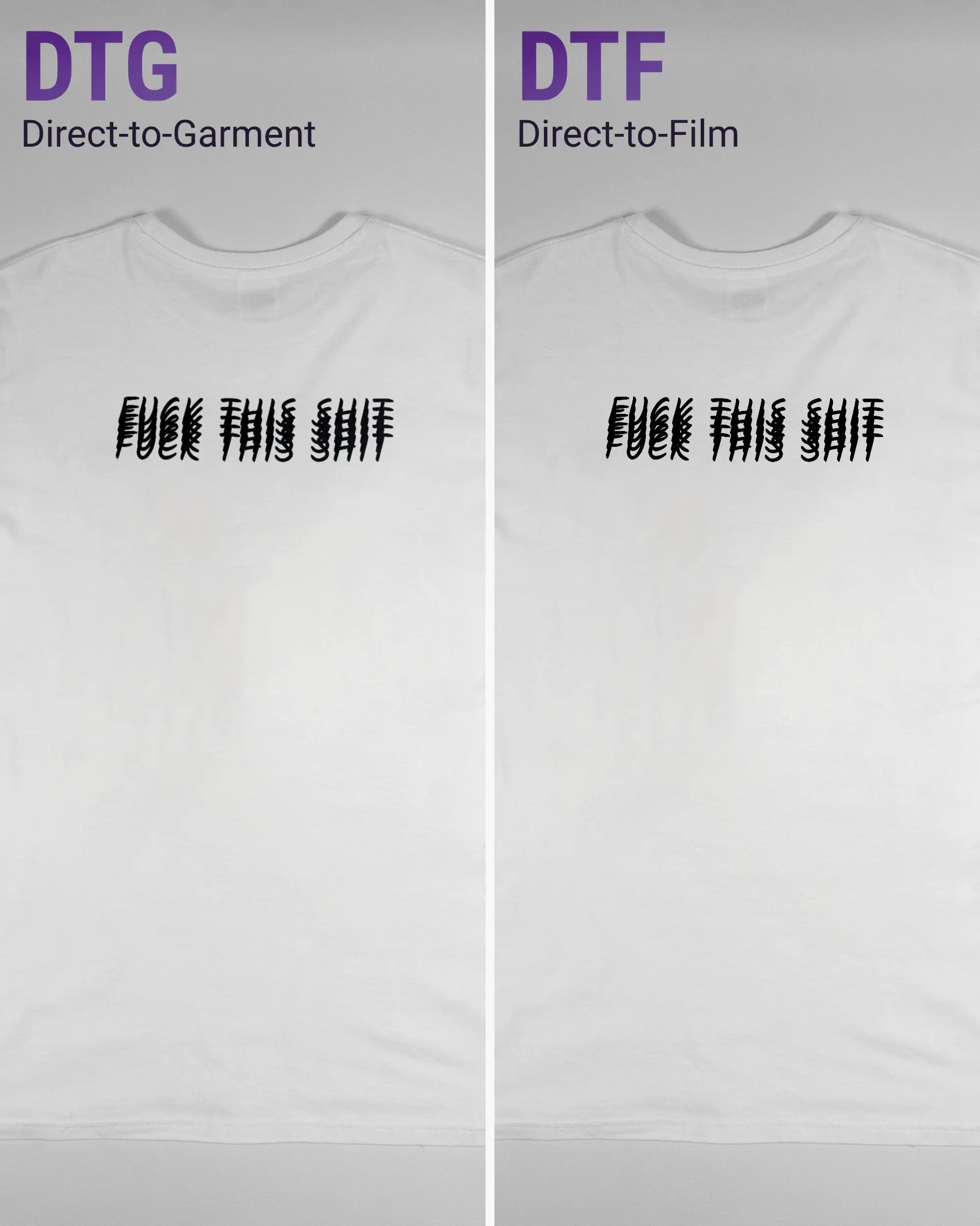 Vergleich der Rückseiten des Basic Unisex T-Shirt Soft von Maondo mit dem Design Hidden Message in der Farbe White und in der Größe L links mit dem Direct-to-Garment und rechts mit dem Direct-to-Film Verfahren