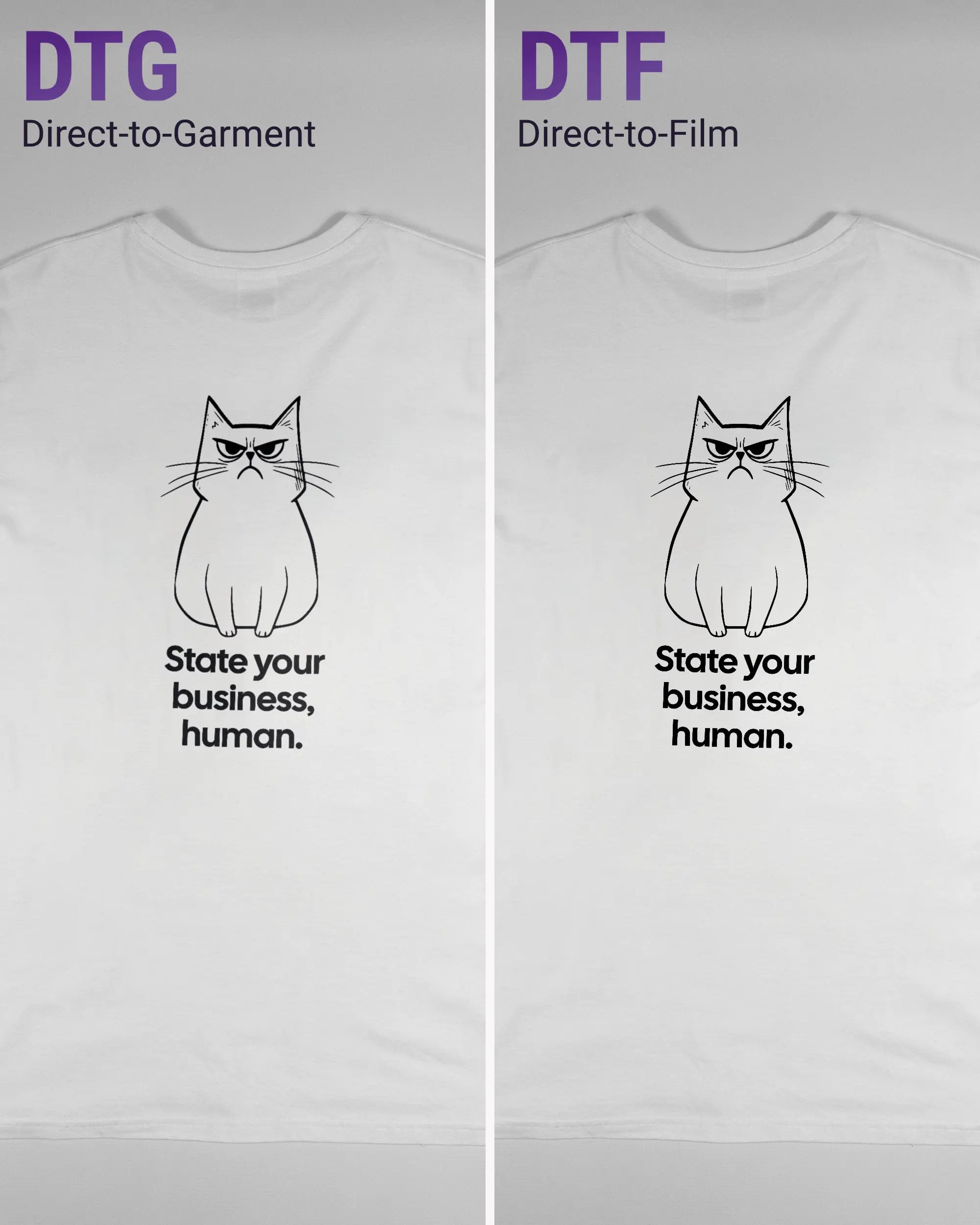 Vergleich der Rückseiten des Basic Unisex T-Shirt Soft von Maondo mit dem Design Grumpy Purr in der Farbe White und in der Größe L links mit dem Direct-to-Garment und rechts mit dem Direct-to-Film Verfahren