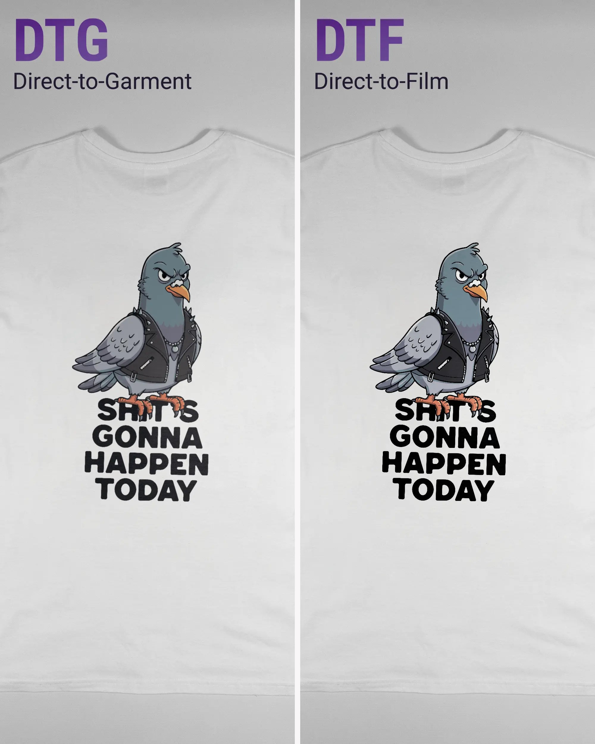 Vergleich der Rückseiten des Basic Unisex T-Shirt Soft von Maondo mit dem Design Pigeon Pun in der Farbe White und in der Größe L links mit dem Direct-to-Garment und rechts mit dem Direct-to-Film Verfahren