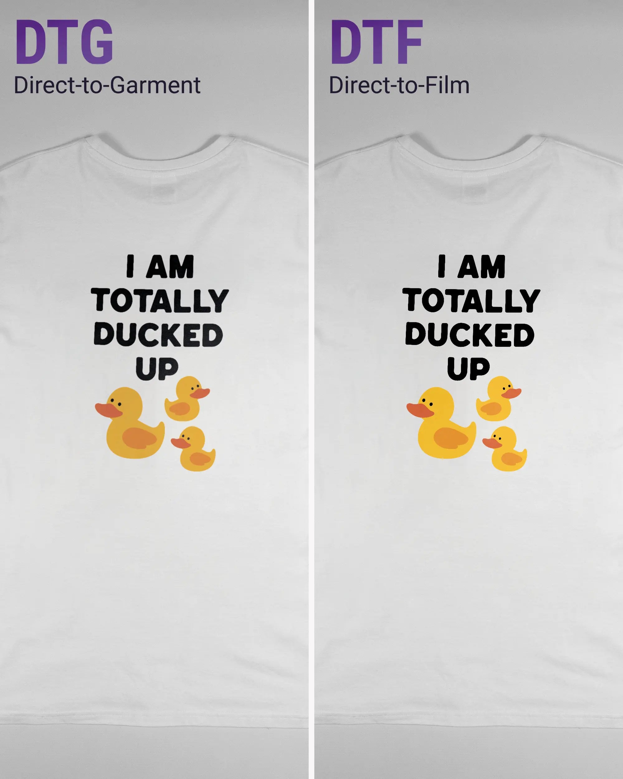 Vergleich der Rückseiten des Basic Unisex T-Shirt Soft von Maondo mit dem Design Ducked Up in der Farbe White und in der Größe L links mit dem Direct-to-Garment und rechts mit dem Direct-to-Film Verfahren