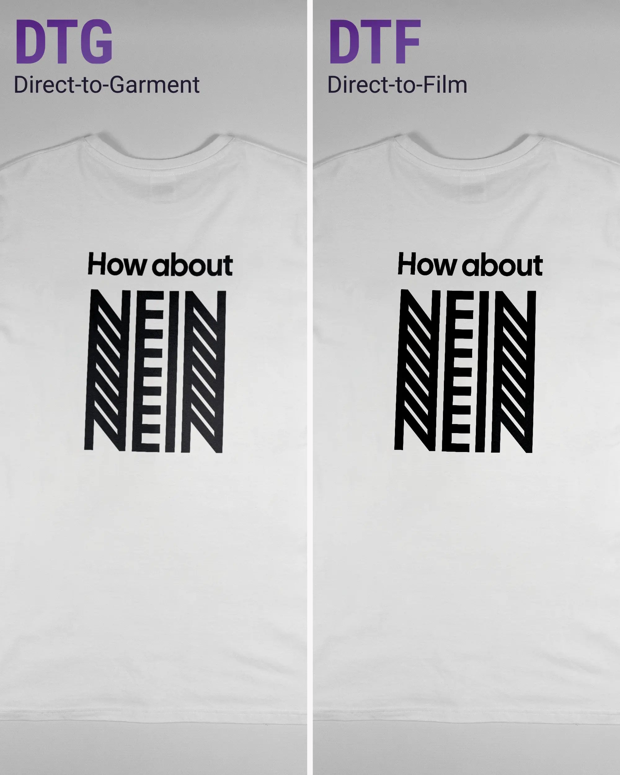 Vergleich der Rückseiten des Basic Unisex T-Shirt Soft von Maondo mit dem Design How about nein in der Farbe White und in der Größe L links mit dem Direct-to-Garment und rechts mit dem Direct-to-Film Verfahren