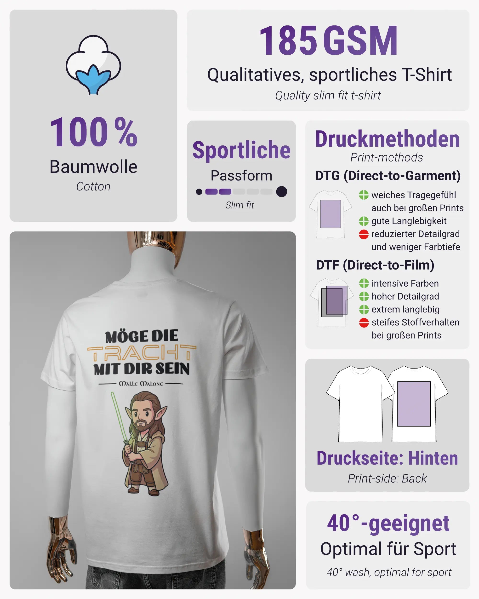 Produktinformationsblatt des Basic Unisex T-Shirt Soft von Maondo mit dem Design Tracht mit dir hinten in der Farbe White und in der Größe L