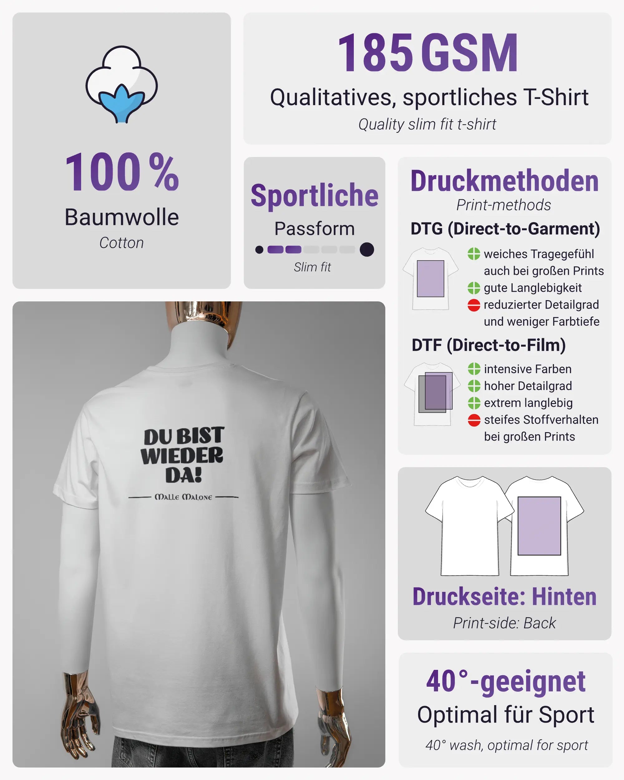 Produktinformationsblatt des Basic Unisex T-Shirt Soft von Maondo mit dem Design Wieder da hinten in der Farbe White und in der Größe L