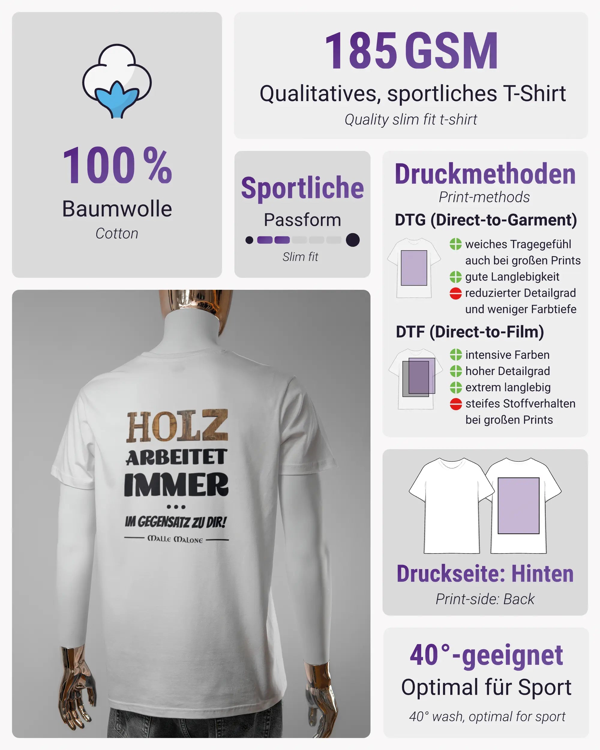 Produktinformationsblatt des Basic Unisex T-Shirt Soft von Maondo mit dem Design Holzarbeit hinten in der Farbe White und in der Größe L