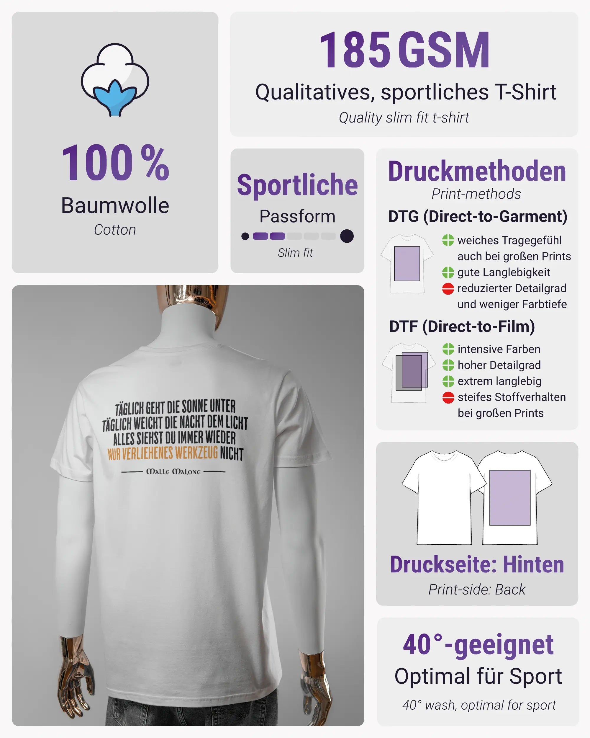 Produktinformationsblatt des Basic Unisex T-Shirt Soft von Maondo mit dem Design Wegzeug hinten in der Farbe White und in der Größe L