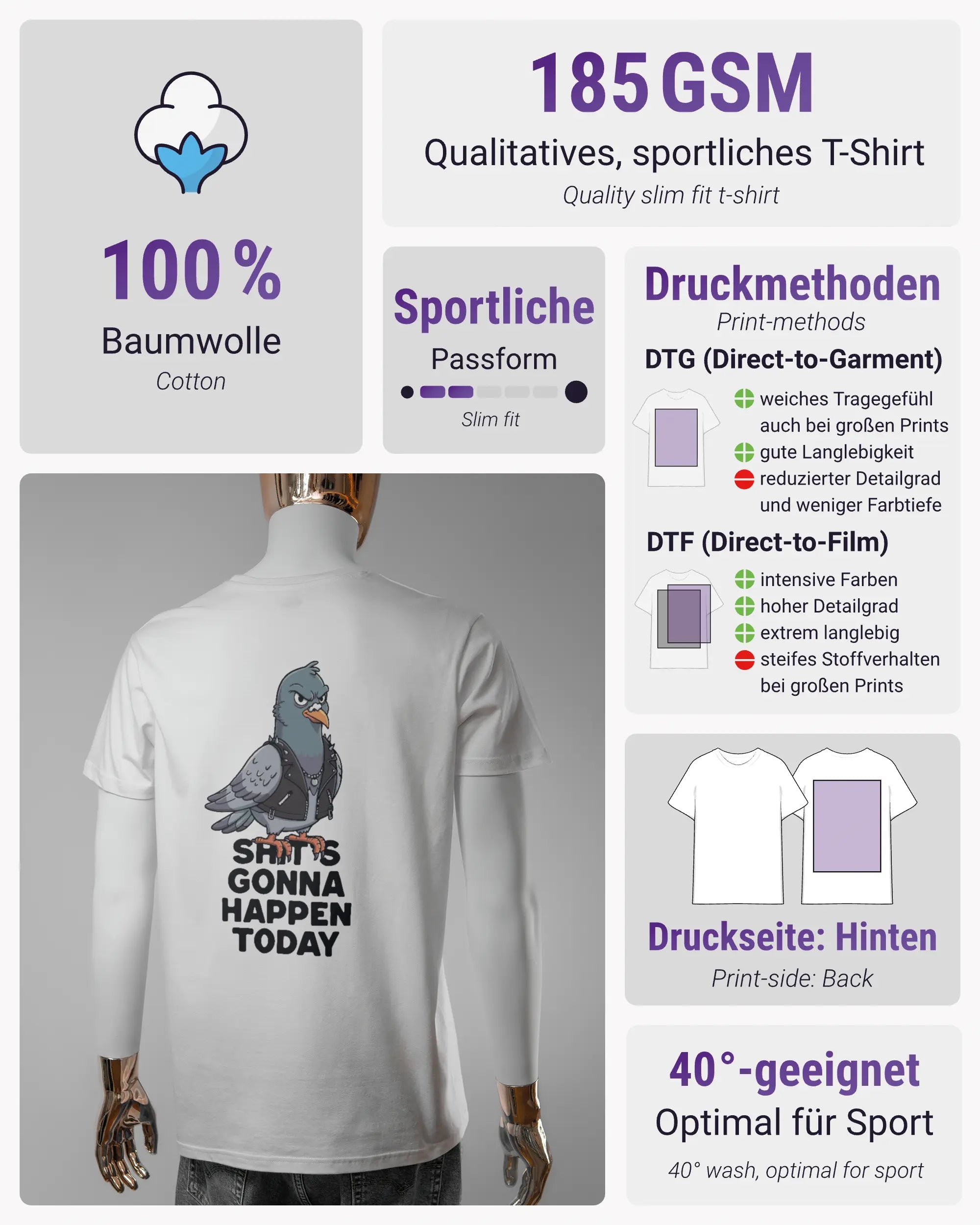 Produktinformationsblatt des Basic Unisex T-Shirt Soft von Maondo mit dem Design Pigeon Pun hinten in der Farbe White und in der Größe L