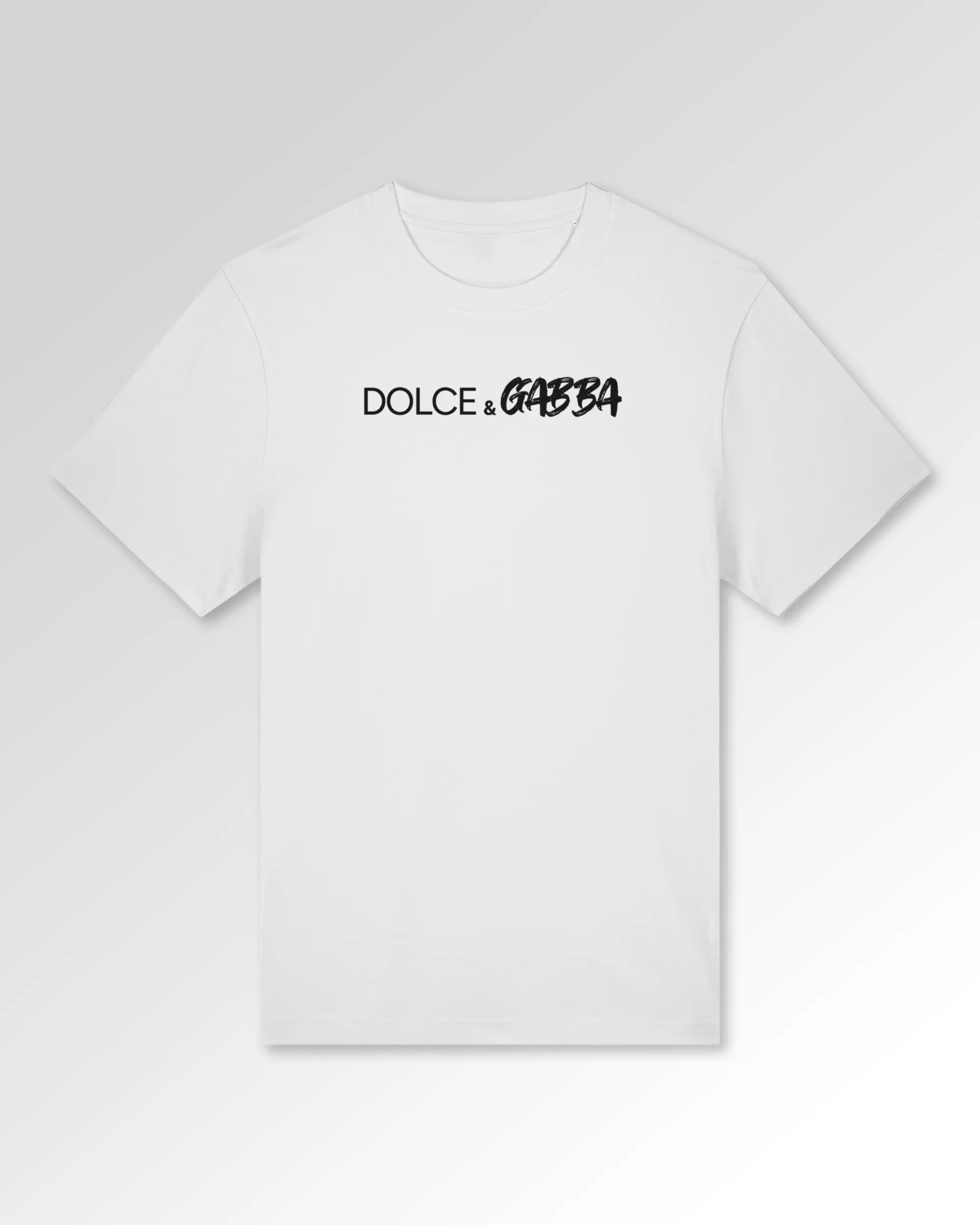 Packshot der Druckseite des Organic Unisex T-Shirts von Maondo im Heavy Fit mit dem Design Dolce & Gabba in der Farbe White