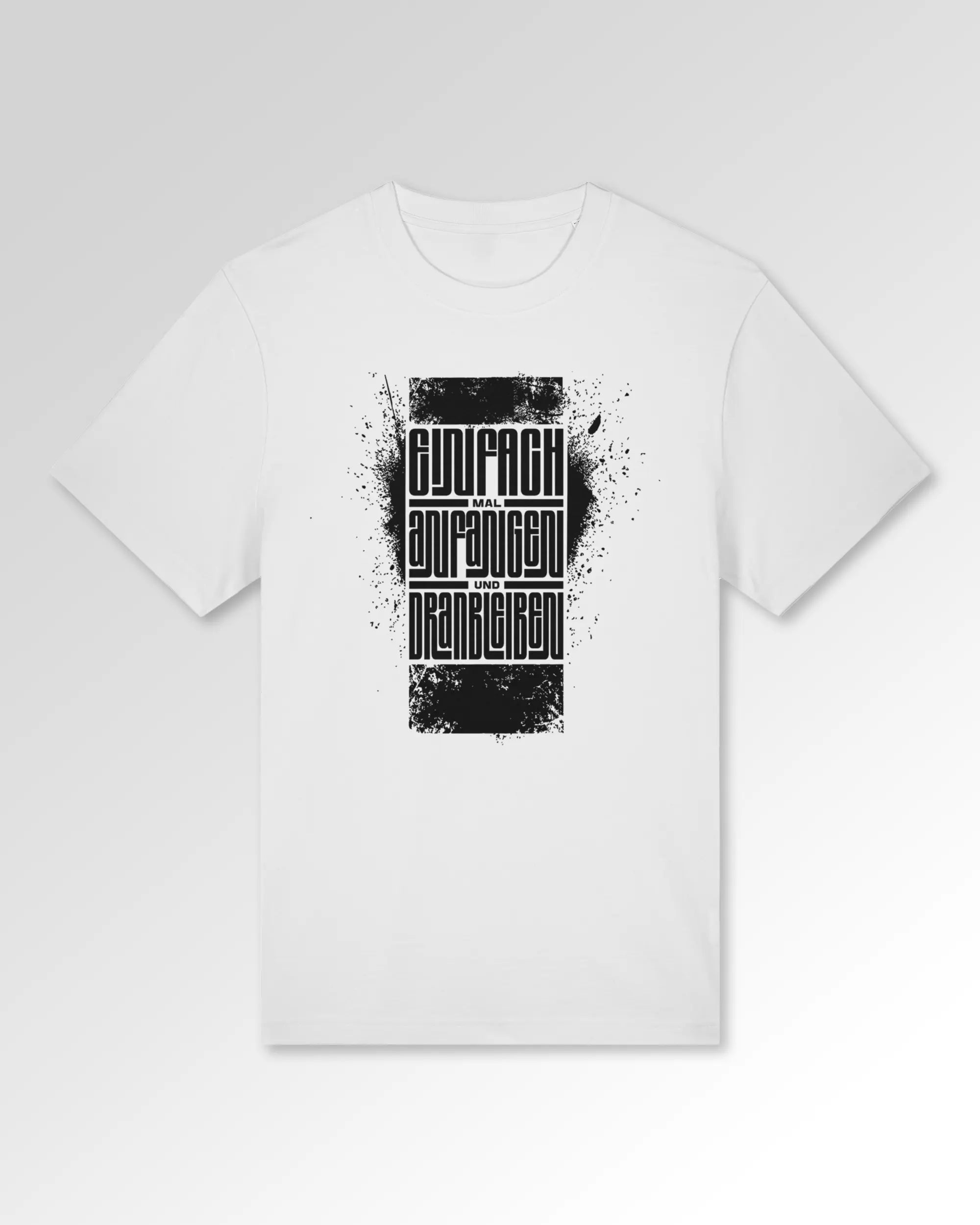 Packshot der Druckseite des Organic Unisex T-Shirts von Maondo im Heavy Fit mit dem Design Einfach Anfangen in der Farbe White