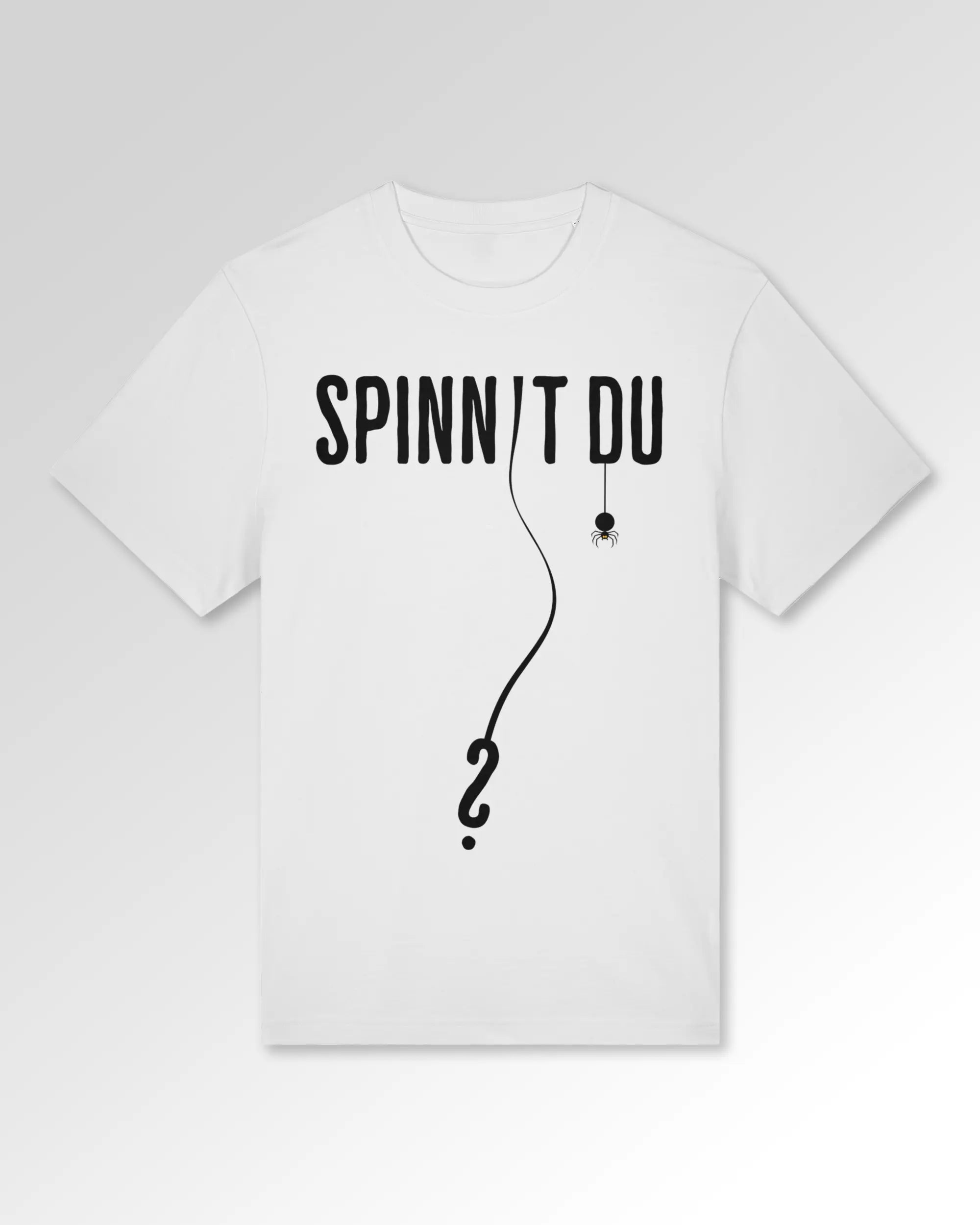 Packshot der Druckseite des Organic Unisex T-Shirts von Maondo im Heavy Fit mit dem Design Spinnst du? in der Farbe White