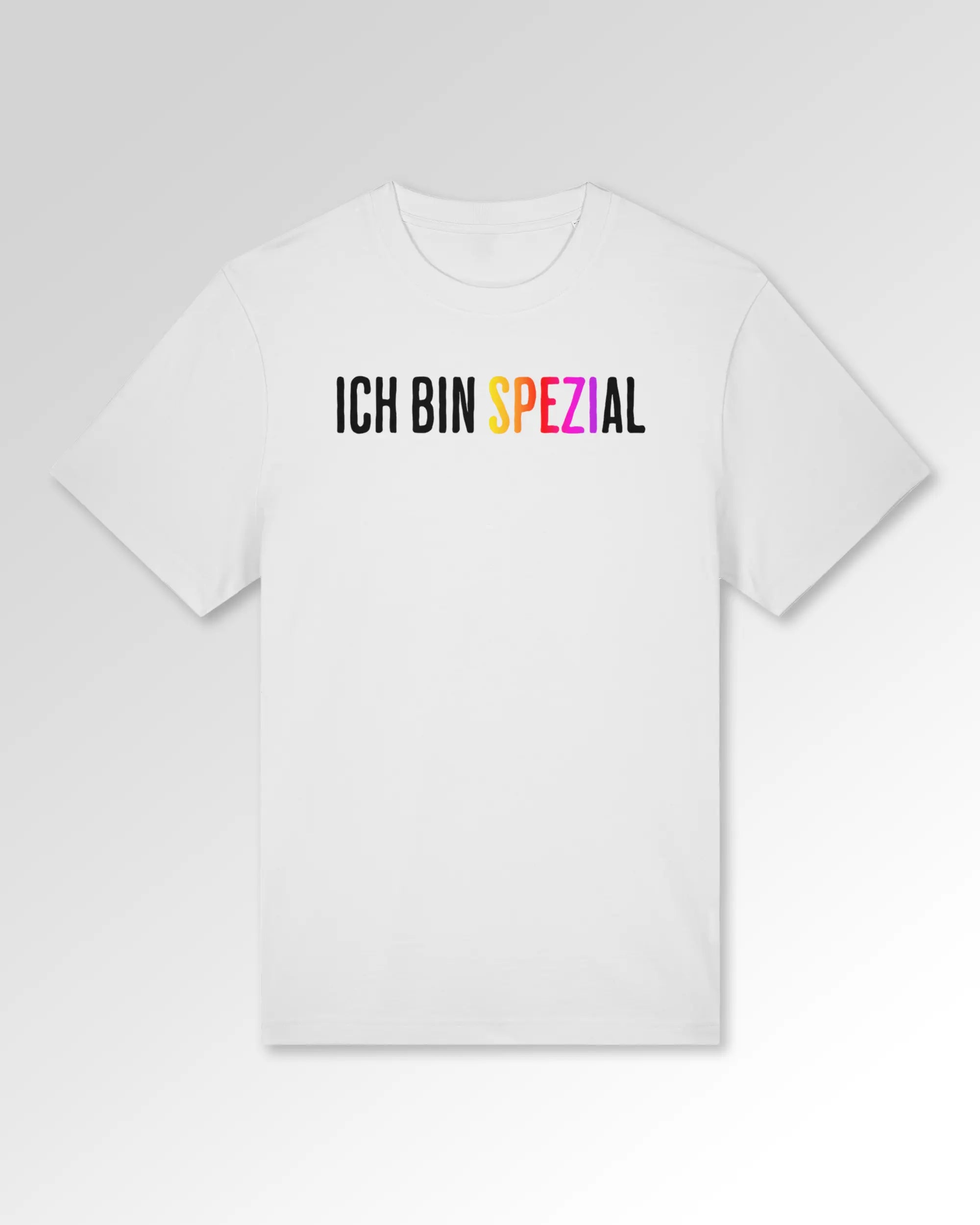 Packshot der Druckseite des Organic Unisex T-Shirts von Maondo im Heavy Fit mit dem Design Ich bin Spezial in der Farbe White