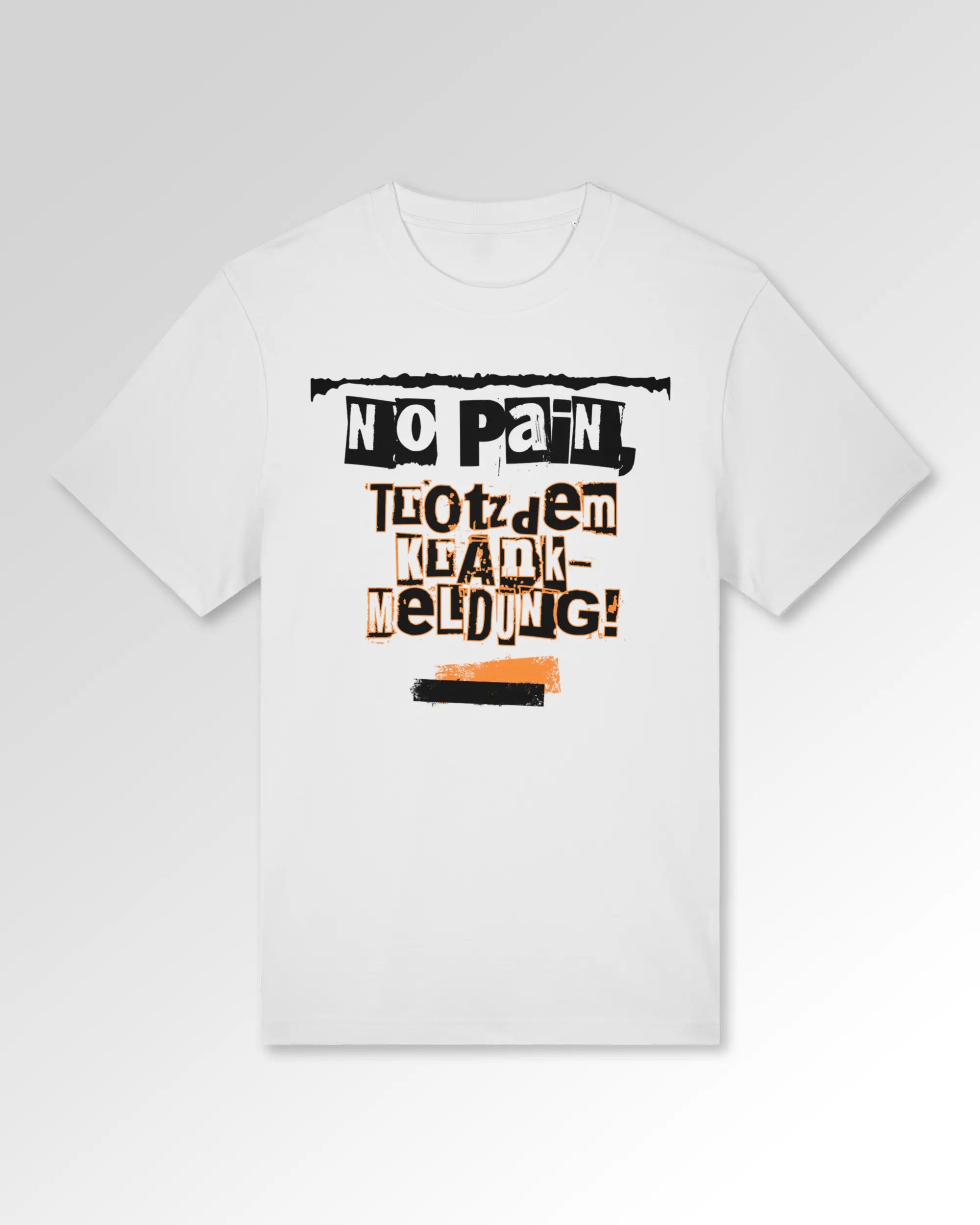 Packshot der Druckseite des Organic Unisex T-Shirts von Maondo im Heavy Fit mit dem Design Krankmeldung in der Farbe White