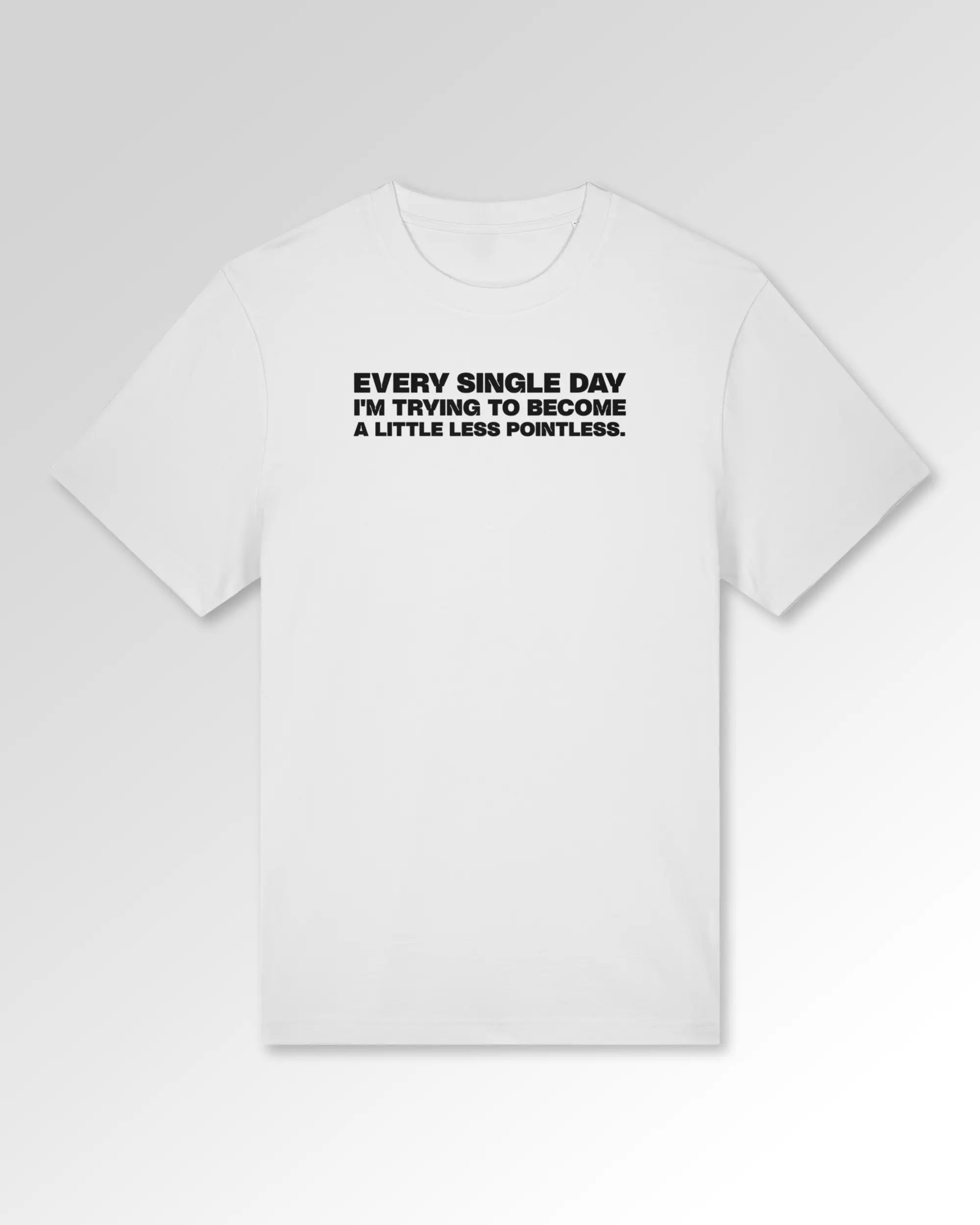 Packshot der Druckseite des Organic Unisex T-Shirts von Maondo im Heavy Fit mit dem Design Less Pointless in der Farbe White