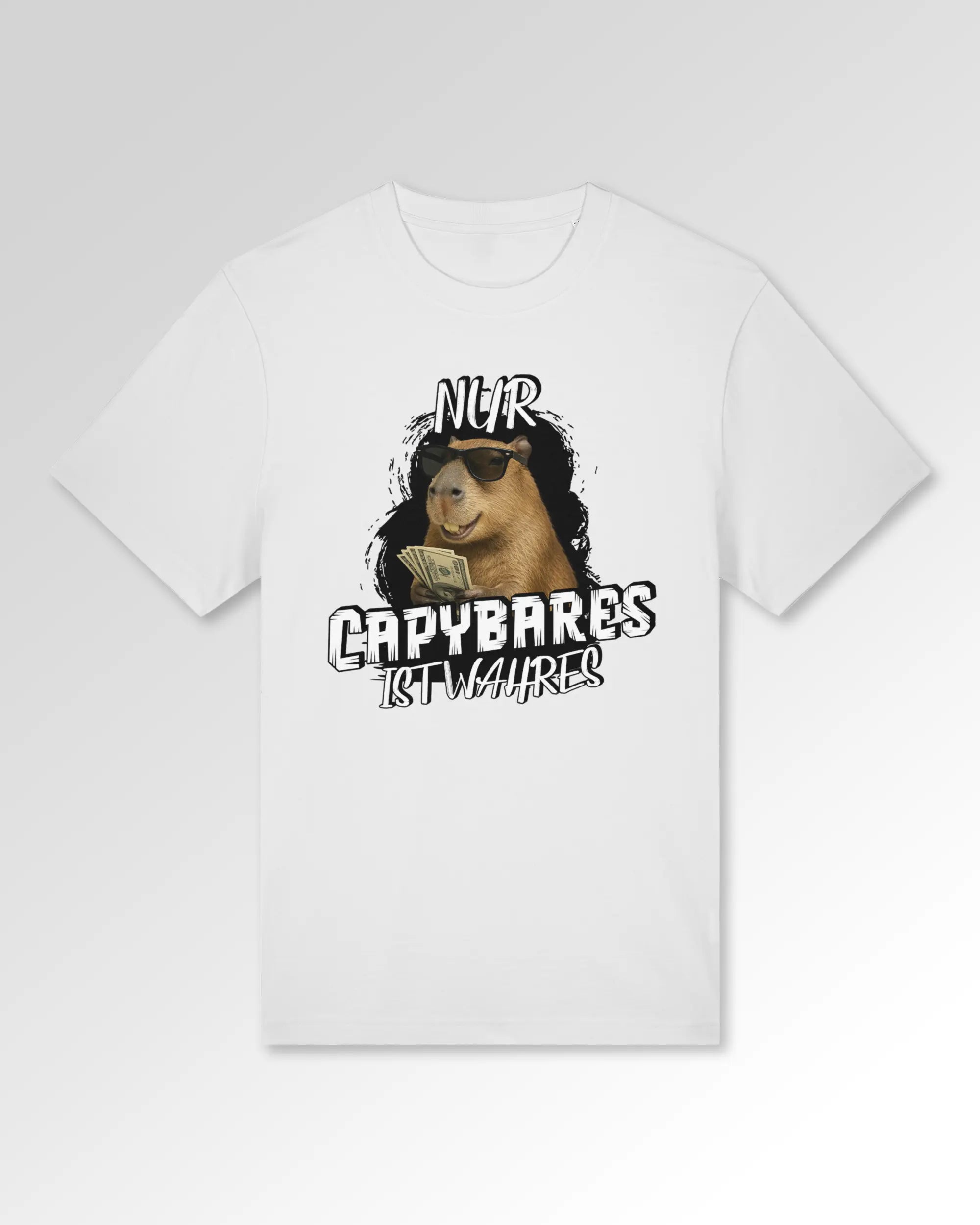Packshot der Druckseite des Organic Unisex T-Shirts von Maondo im Heavy Fit mit dem Design Capybares in der Farbe White