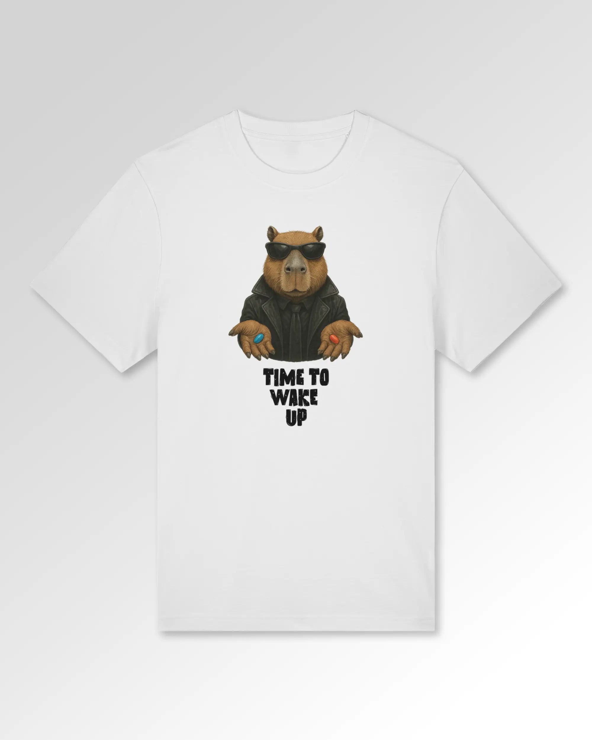 Packshot der Druckseite des Organic Unisex T-Shirts von Maondo im Heavy Fit mit dem Design Wake up in der Farbe White