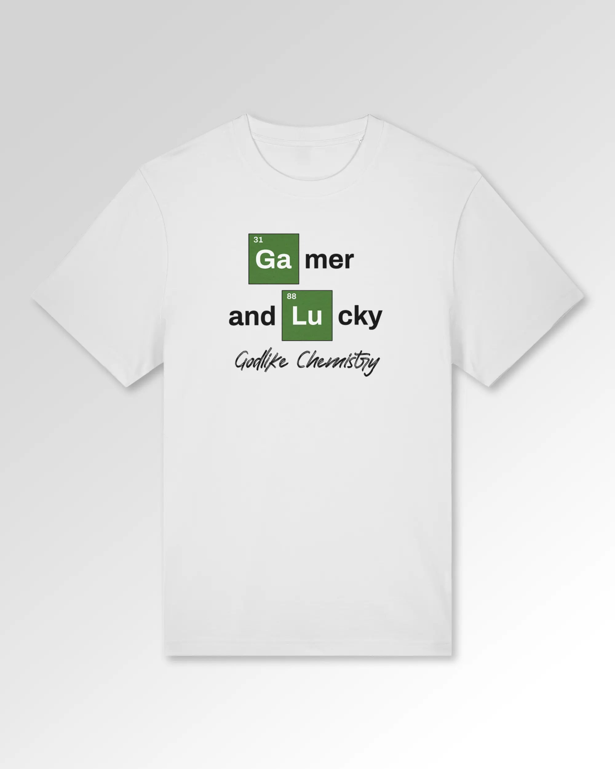 Packshot der Druckseite des Organic Unisex T-Shirts von Maondo im Heavy Fit mit dem Design Gamer Chemistry in der Farbe White