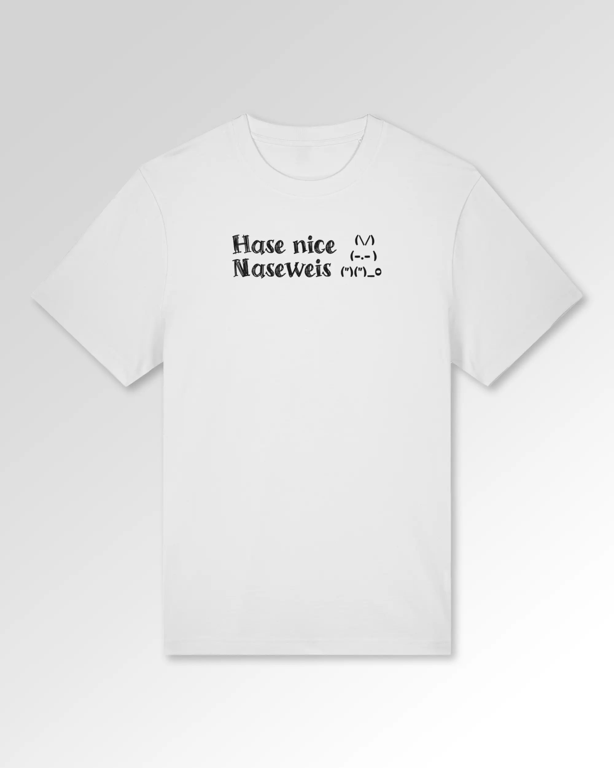 Packshot der Druckseite des Organic Unisex T-Shirts von Maondo im Heavy Fit mit dem Design Nicer Hase in der Farbe White