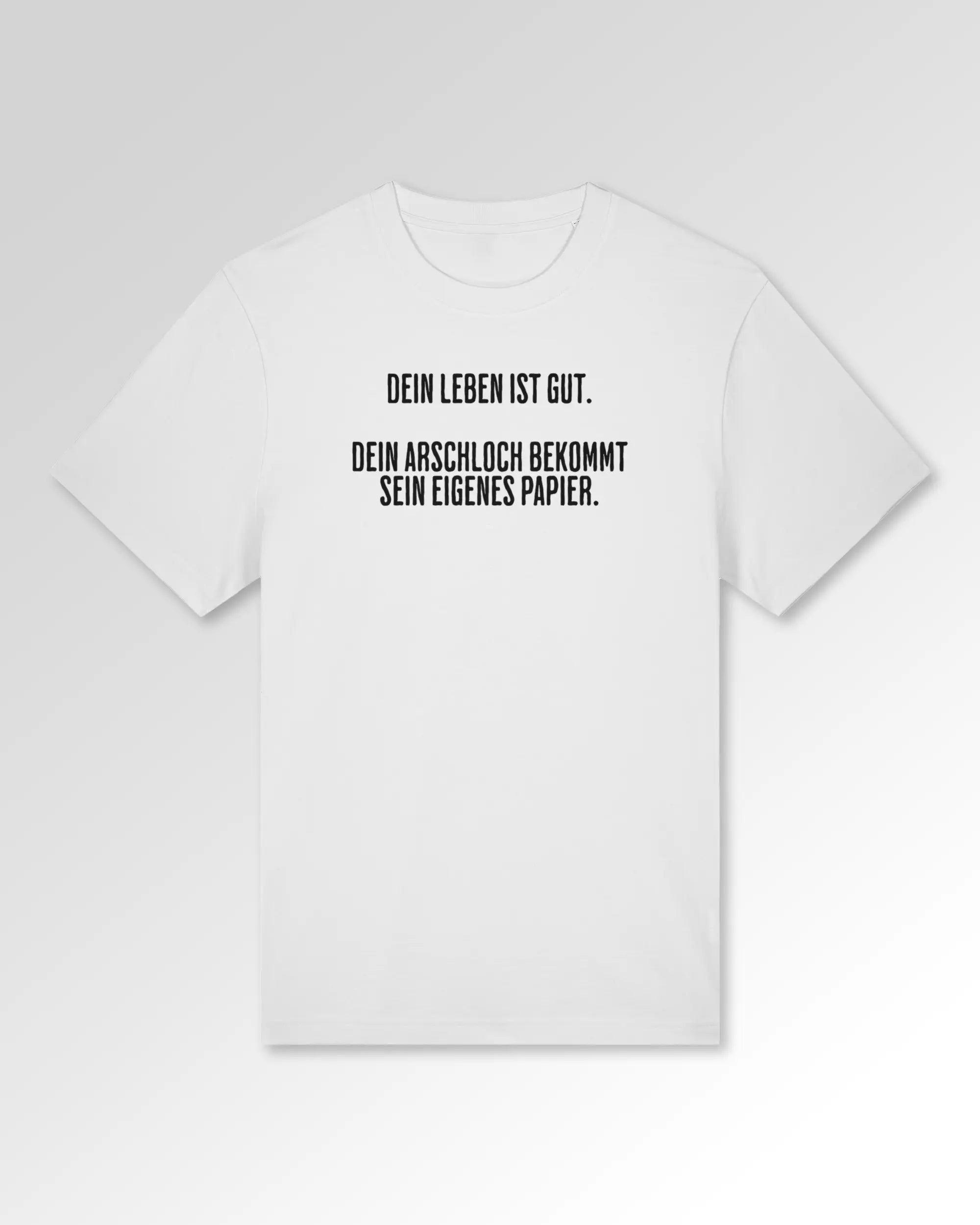 Packshot der Druckseite des Organic Unisex T-Shirts von Maondo im Heavy Fit mit dem Design Gutes Leben in der Farbe White