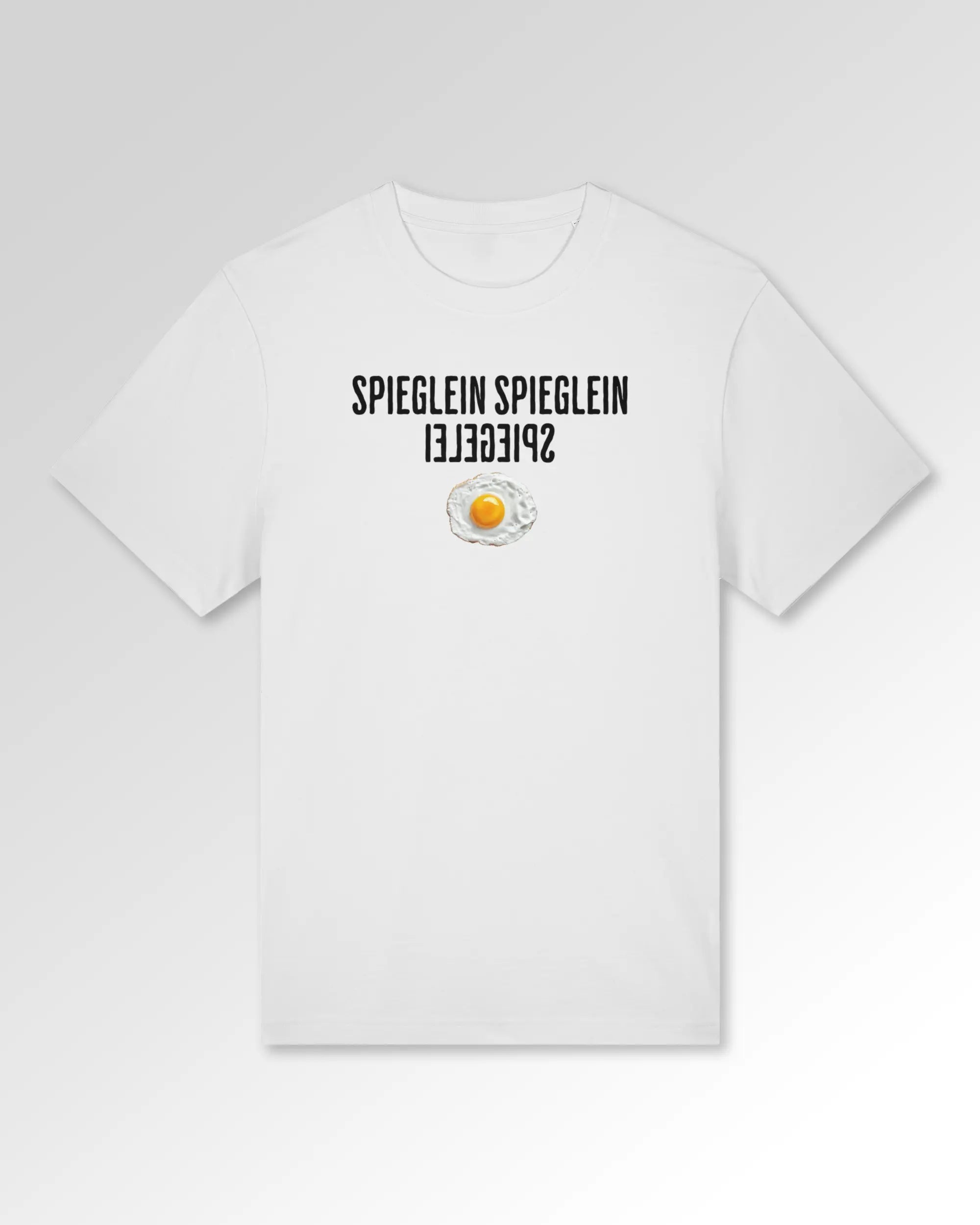 Packshot der Druckseite des Organic Unisex T-Shirts von Maondo im Heavy Fit mit dem Design Spieglein Spiegelei in der Farbe White