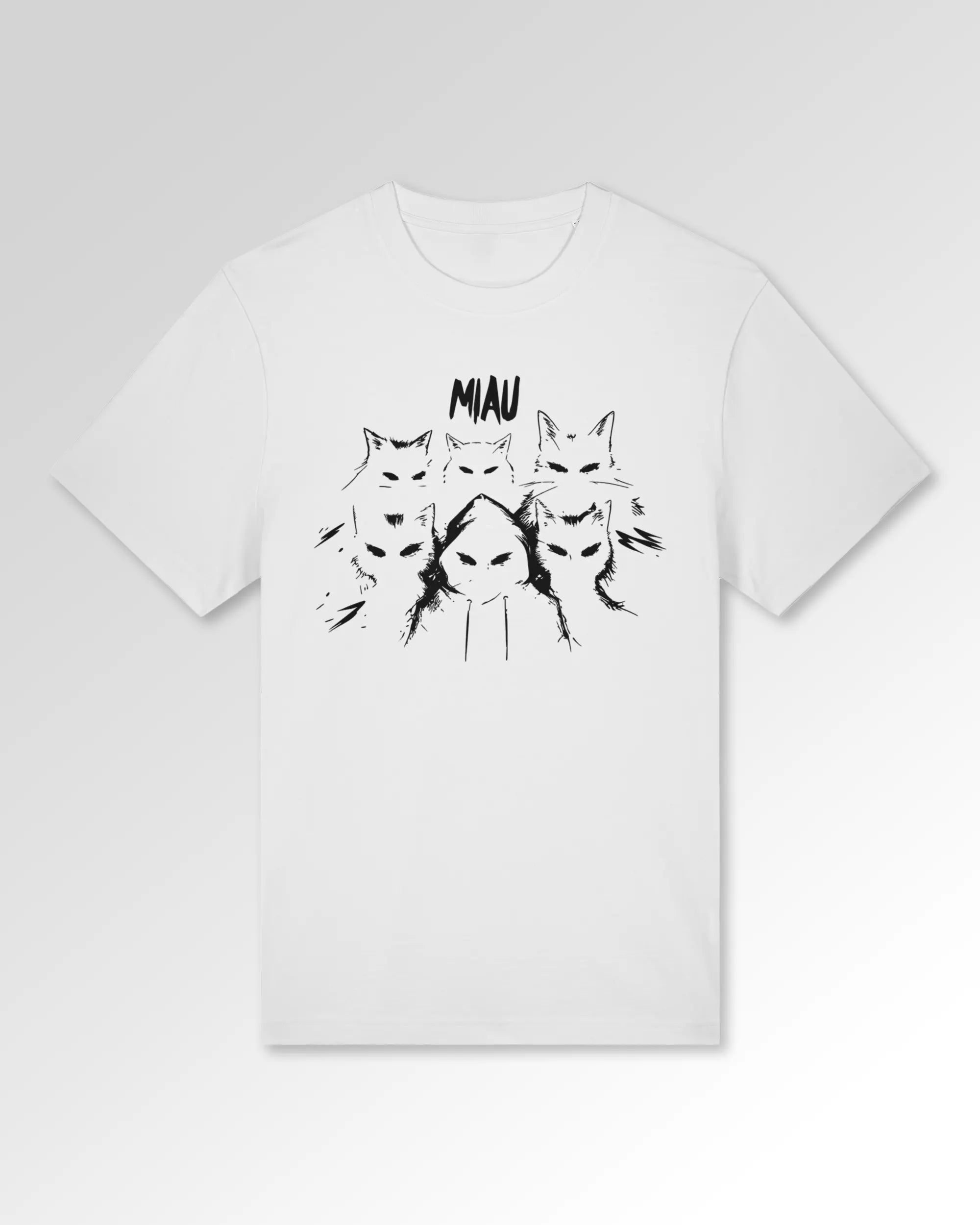 Packshot der Druckseite des Organic Unisex T-Shirts von Maondo im Heavy Fit mit dem Design Miau Gang in der Farbe White