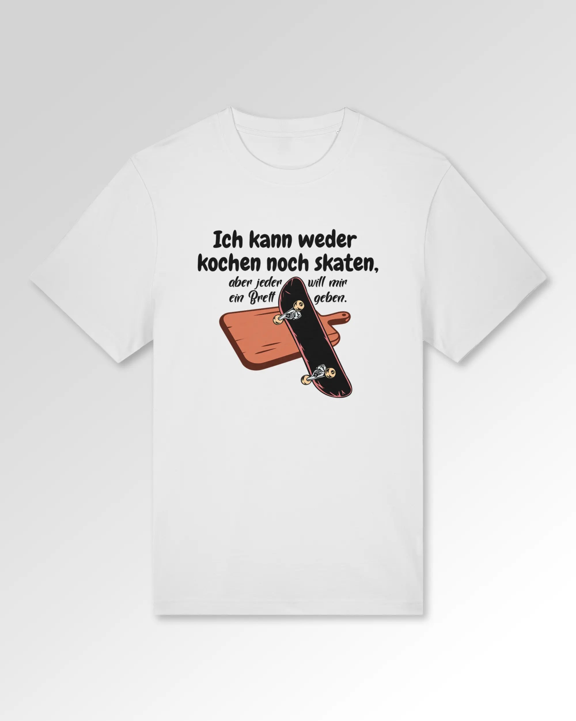 Packshot der Druckseite des Organic Unisex T-Shirts von Maondo im Heavy Fit mit dem Design Ein Brett geben in der Farbe White