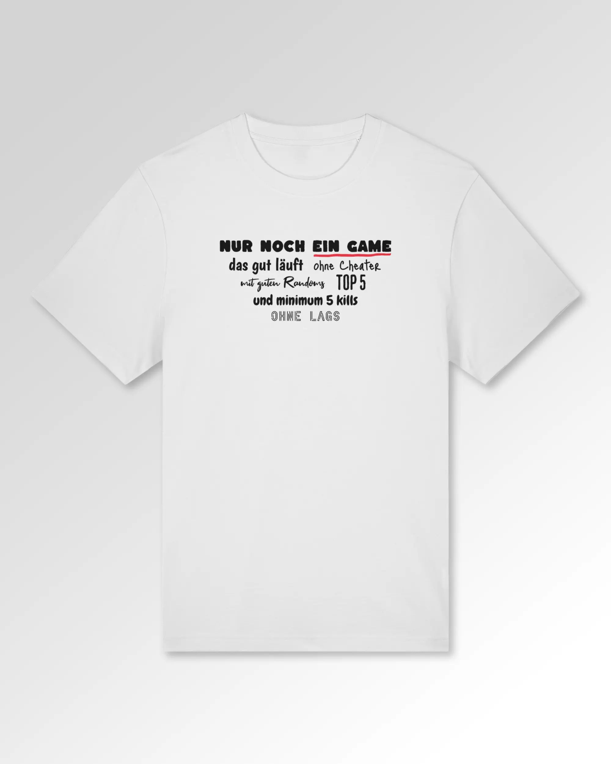 Packshot der Druckseite des Organic Unisex T-Shirts von Maondo im Heavy Fit mit dem Design Nur noch ein Game in der Farbe White