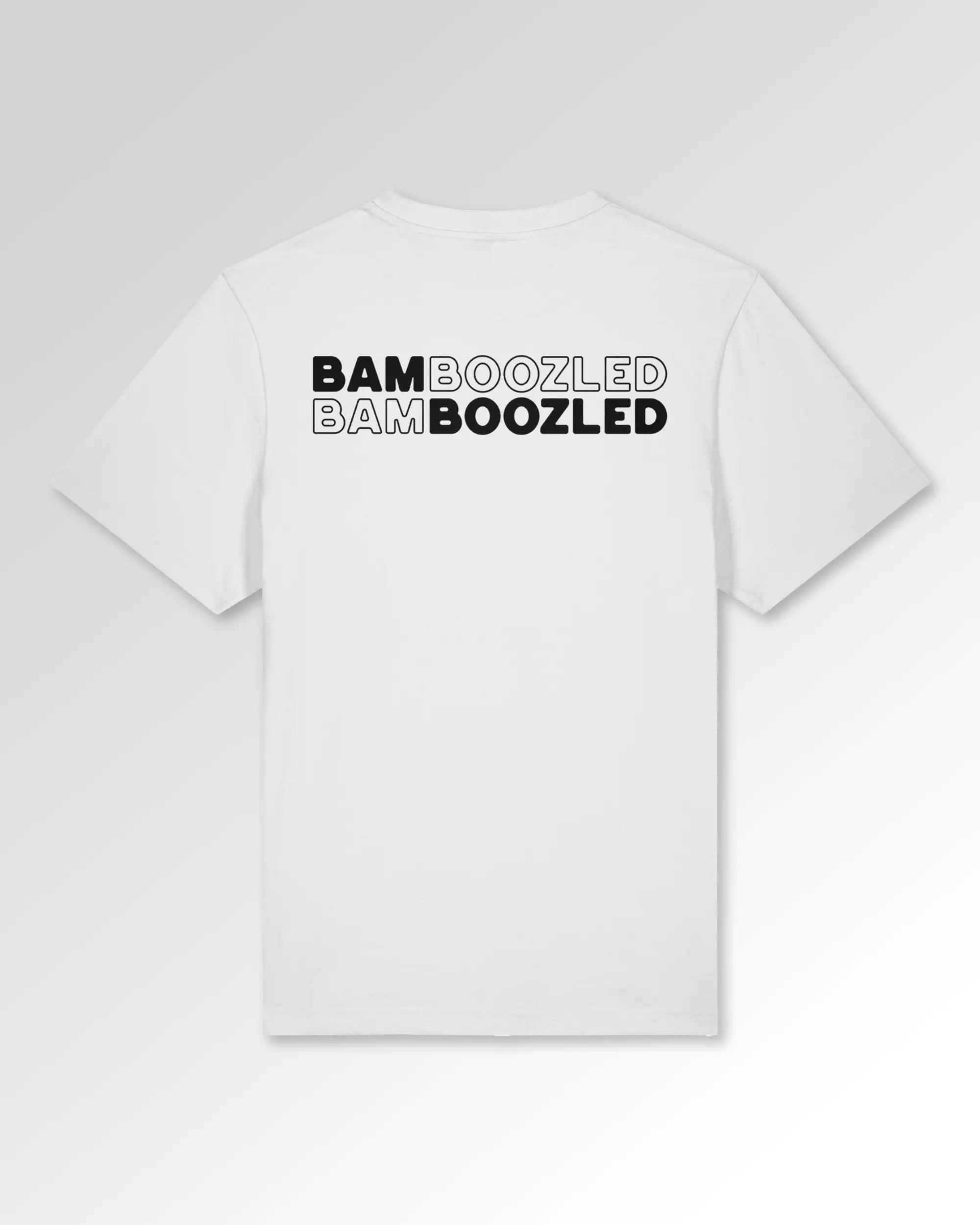 Packshot der Druckseite des Organic Unisex T-Shirts von Maondo im Heavy Fit mit dem Design Double Bamboozled in der Farbe White