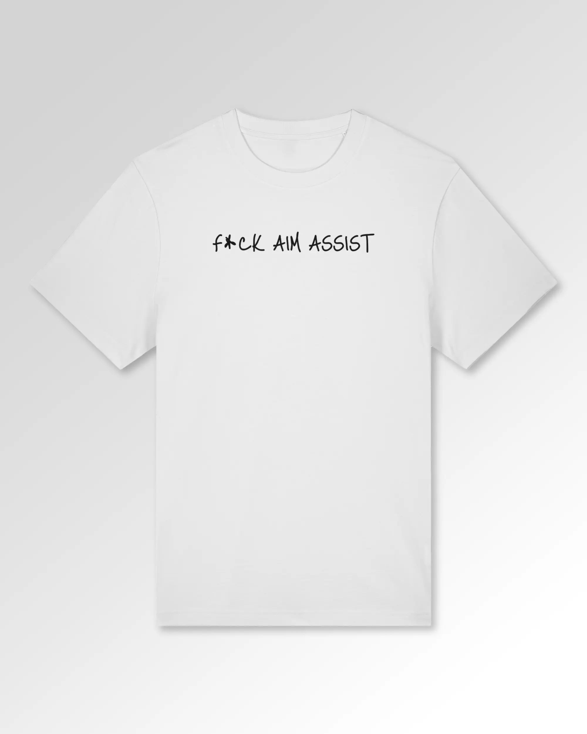 Packshot der Druckseite des Organic Unisex T-Shirts von Maondo im Heavy Fit mit dem Design F Aim Assist in der Farbe White