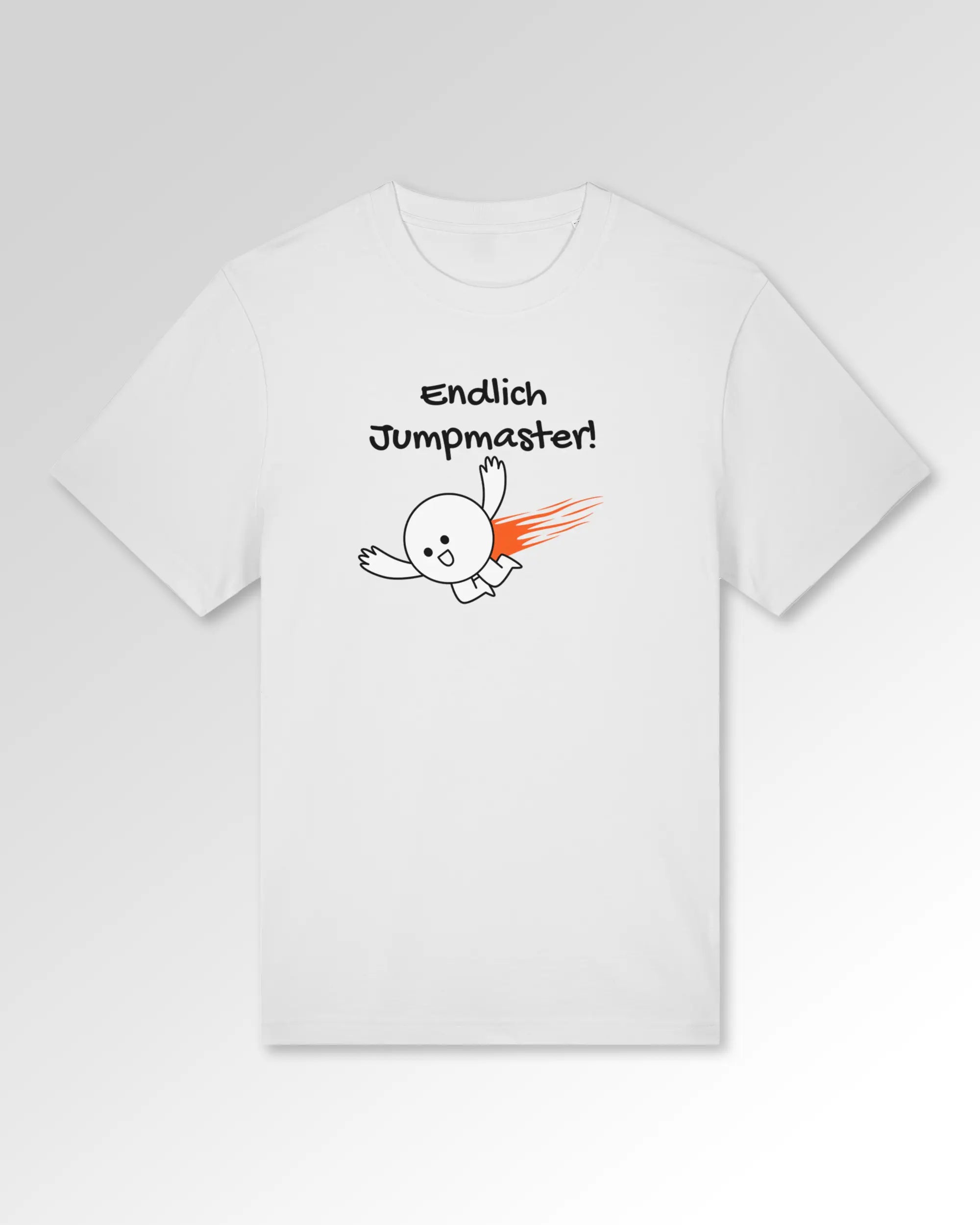 Packshot der Druckseite des Organic Unisex T-Shirts von Maondo im Heavy Fit mit dem Design Endlich Jumpmaster in der Farbe White