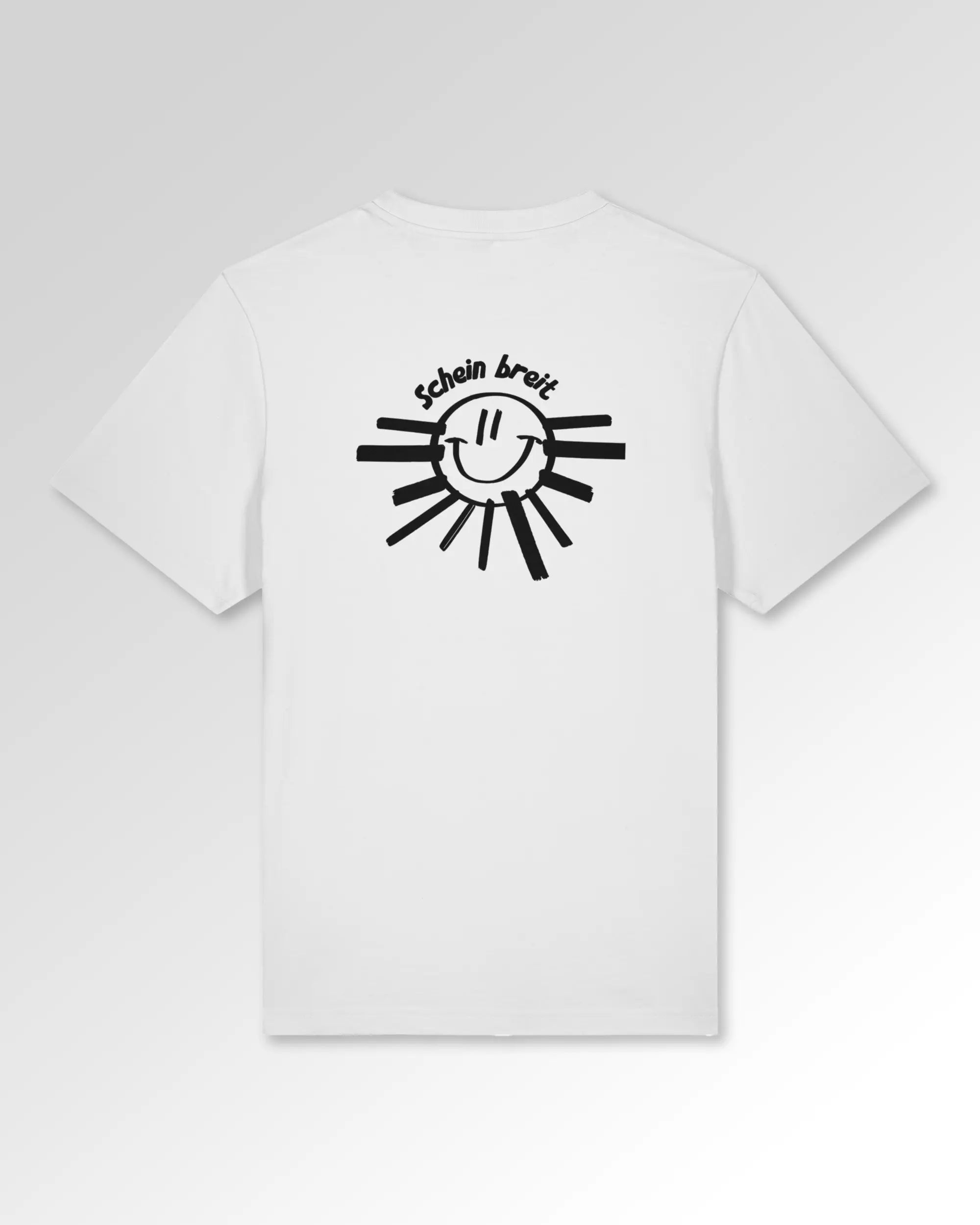 Packshot der Druckseite des Organic Unisex T-Shirts von Maondo im Heavy Fit mit dem Design Schein Breit in der Farbe White