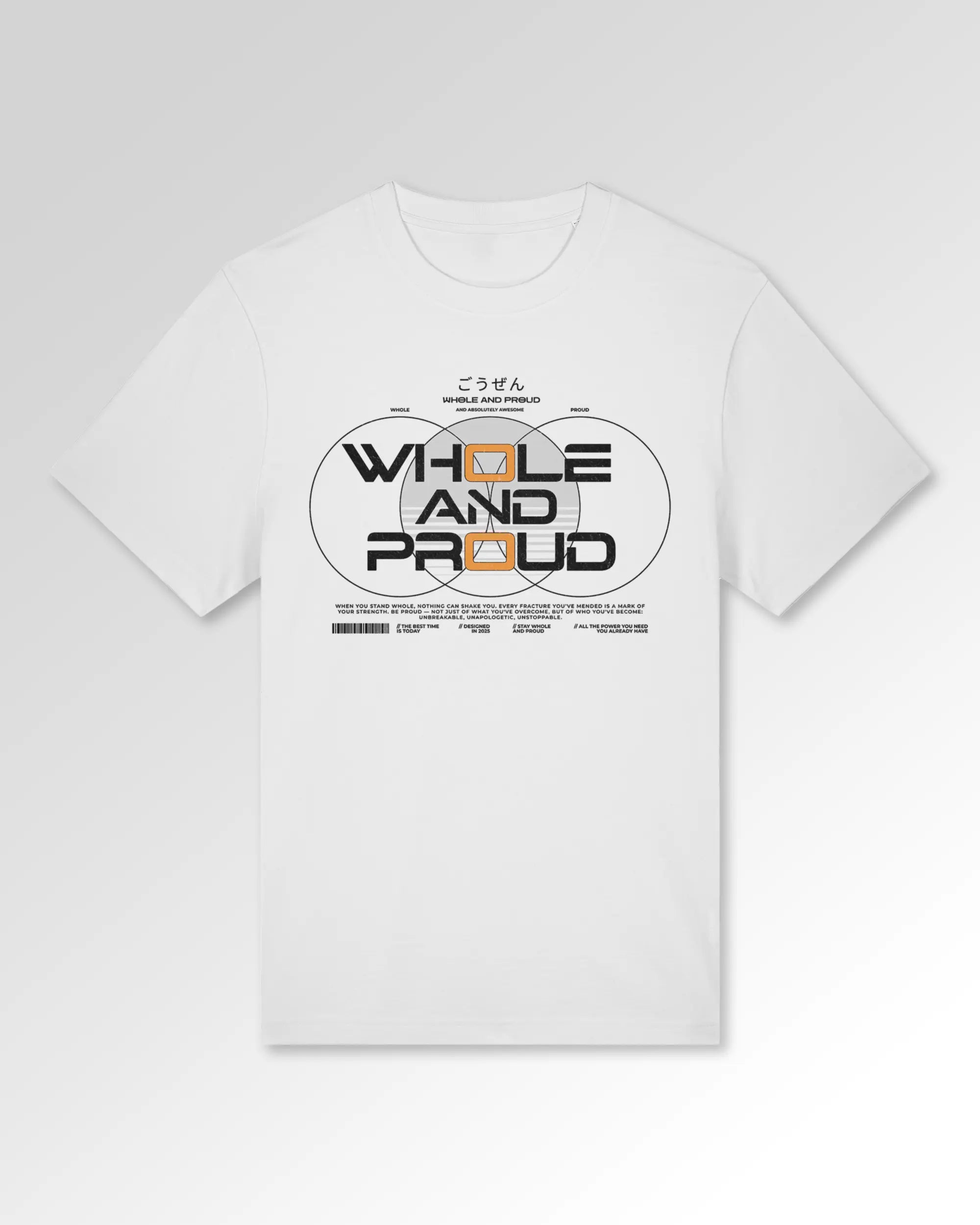 Packshot der primären Druckseite des Organic Unisex T-Shirts von Maondo im Relaxed Fit mit dem Design Whole and proud in der Farbe White