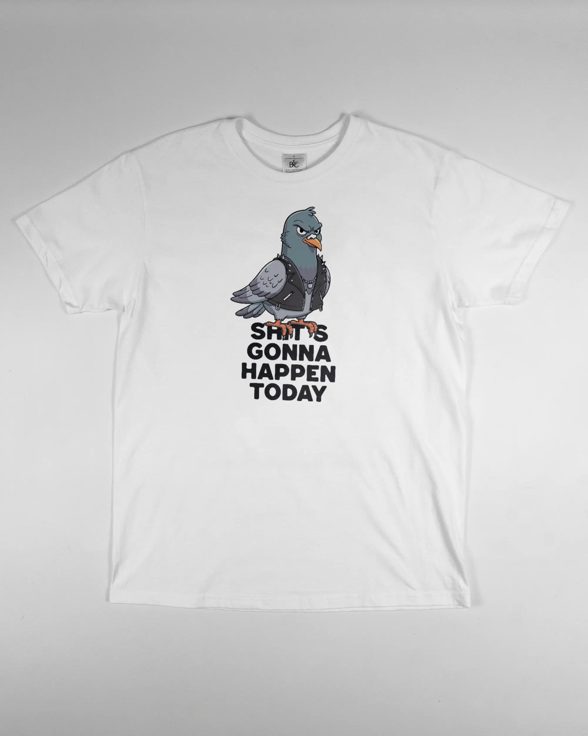 Vorderseite des Basic Unisex T-Shirt Soft von Maondo mit dem Design Pigeon Pun in der Farbe White und in der Größe S flach auf den Boden gelegt
