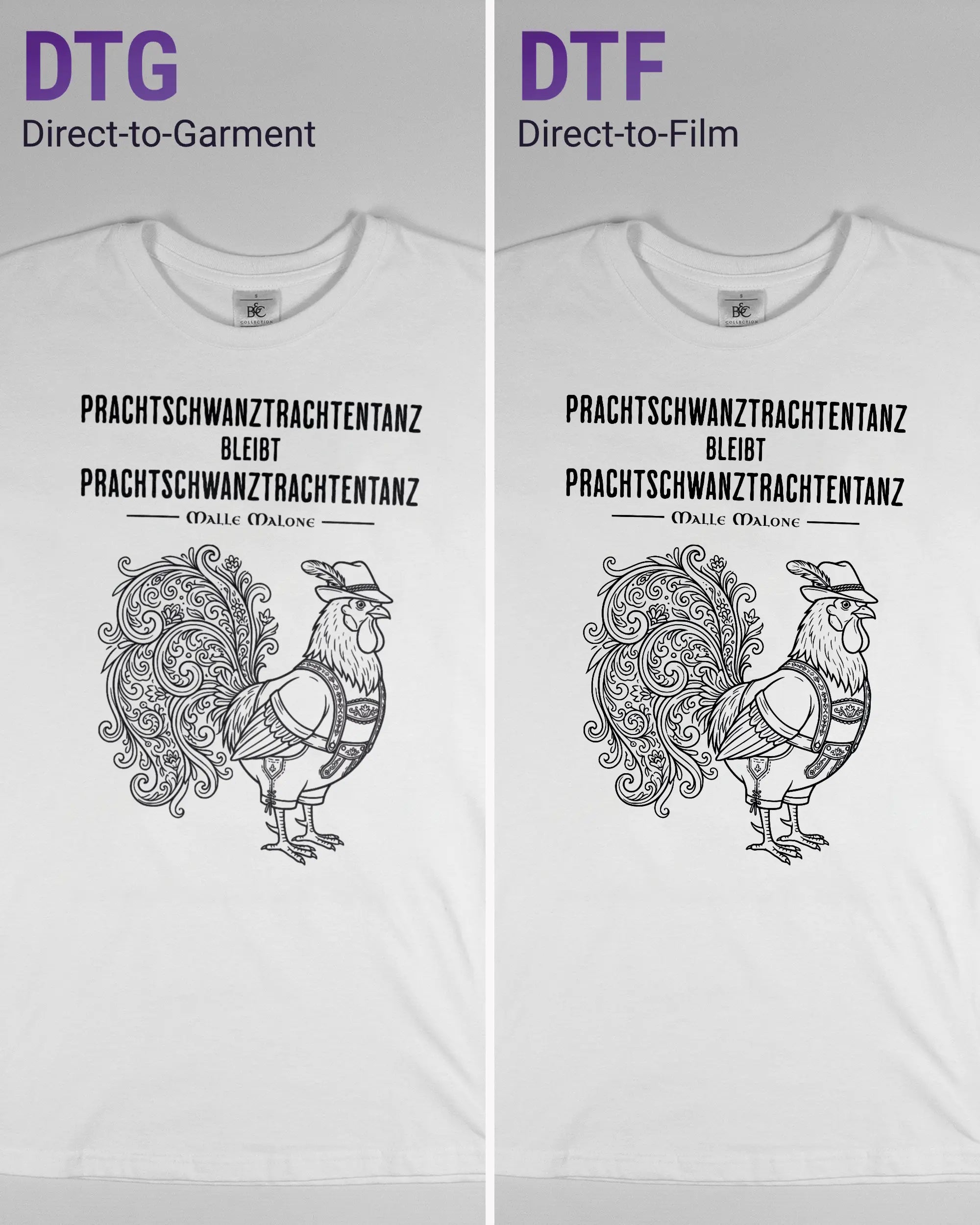 Vergleich der Vorderseiten des Basic Unisex T-Shirt Soft von Maondo mit dem Design Trachtentanz in der Farbe White und in der Größe S links mit dem Direct-to-Garment und rechts mit dem Direct-to-Film Verfahren