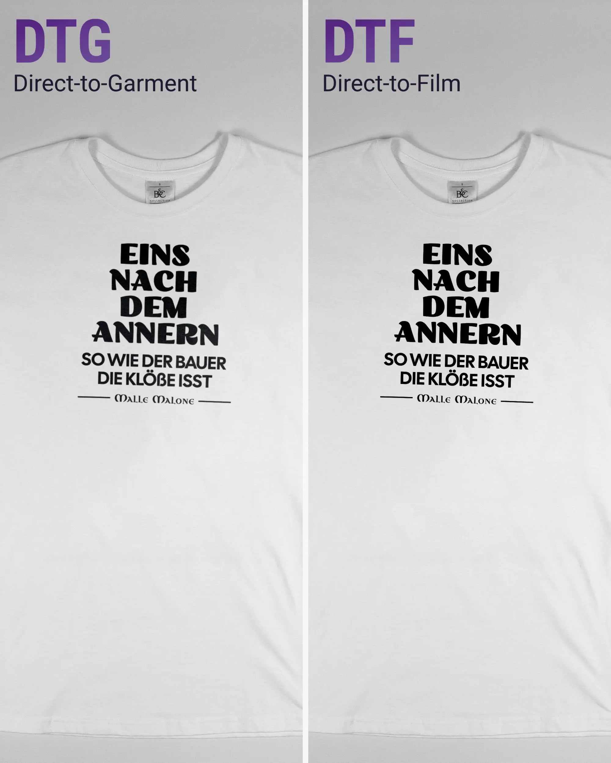 Vergleich der Vorderseiten des Basic Unisex T-Shirt Soft von Maondo mit dem Design Eins nach dem Annern in der Farbe White und in der Größe S links mit dem Direct-to-Garment und rechts mit dem Direct-to-Film Verfahren