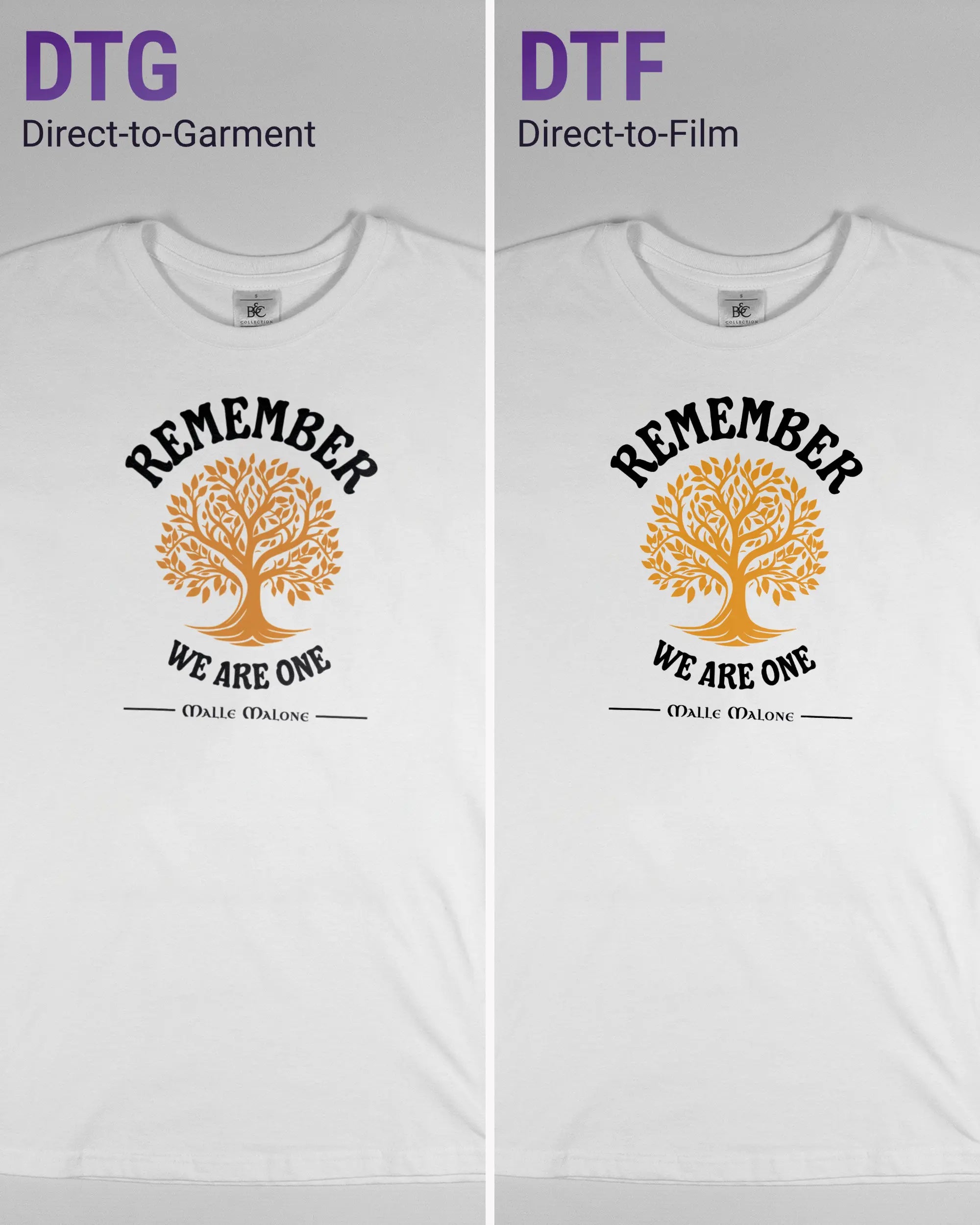 Vergleich der Vorderseiten des Basic Unisex T-Shirt Soft von Maondo mit dem Design We are one in der Farbe White und in der Größe S links mit dem Direct-to-Garment und rechts mit dem Direct-to-Film Verfahren